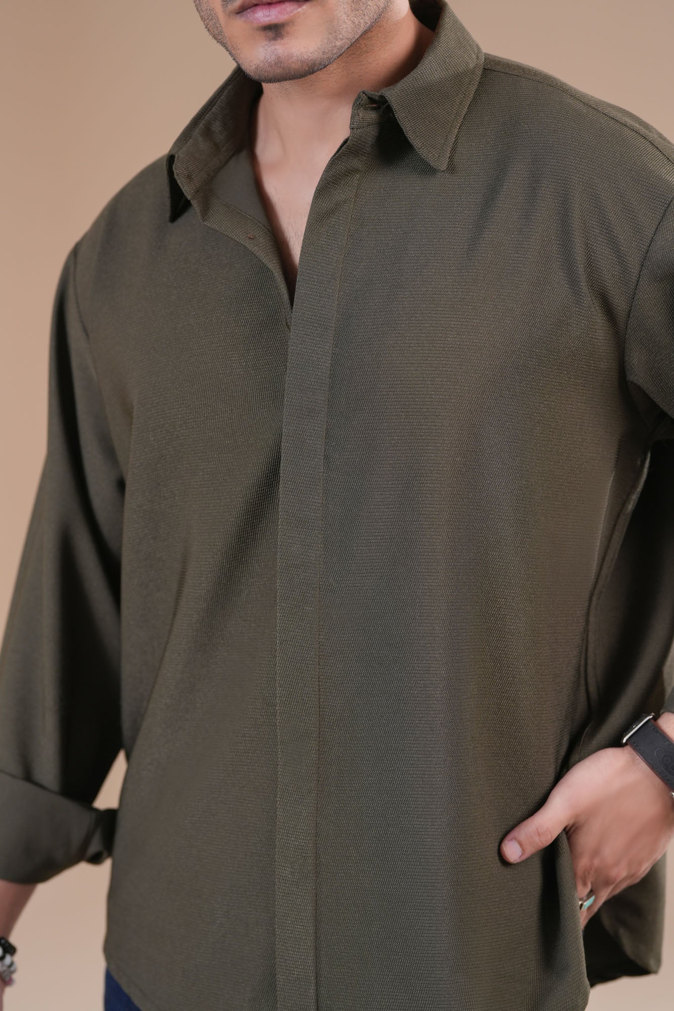 Olive Honeycomb Interlock Poplin Shirt - Men