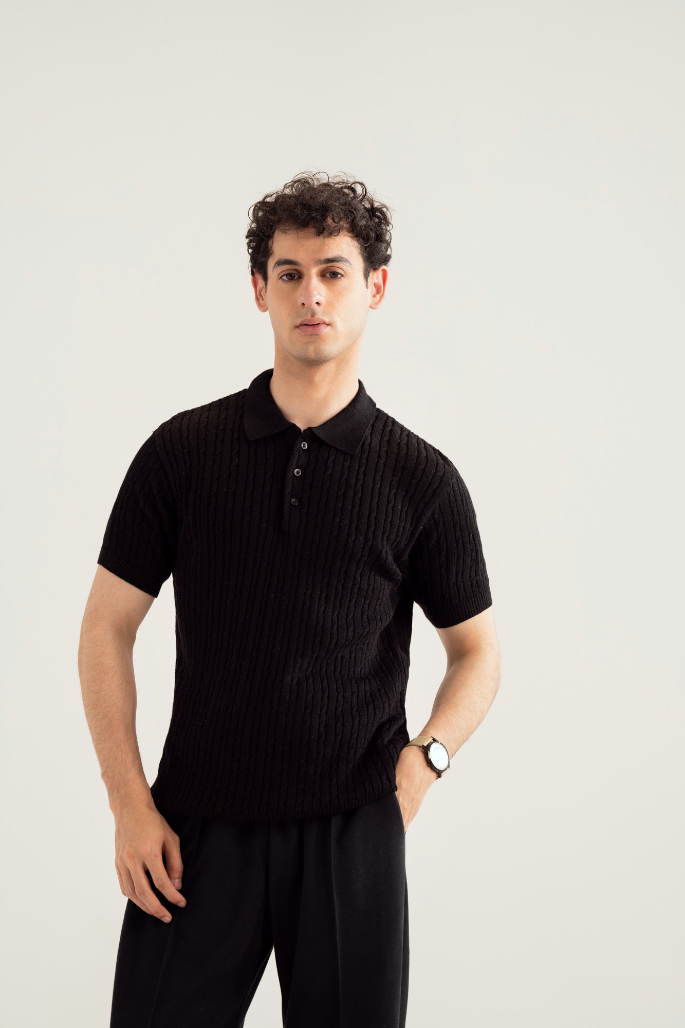 Black Cable Knit Polo - Men