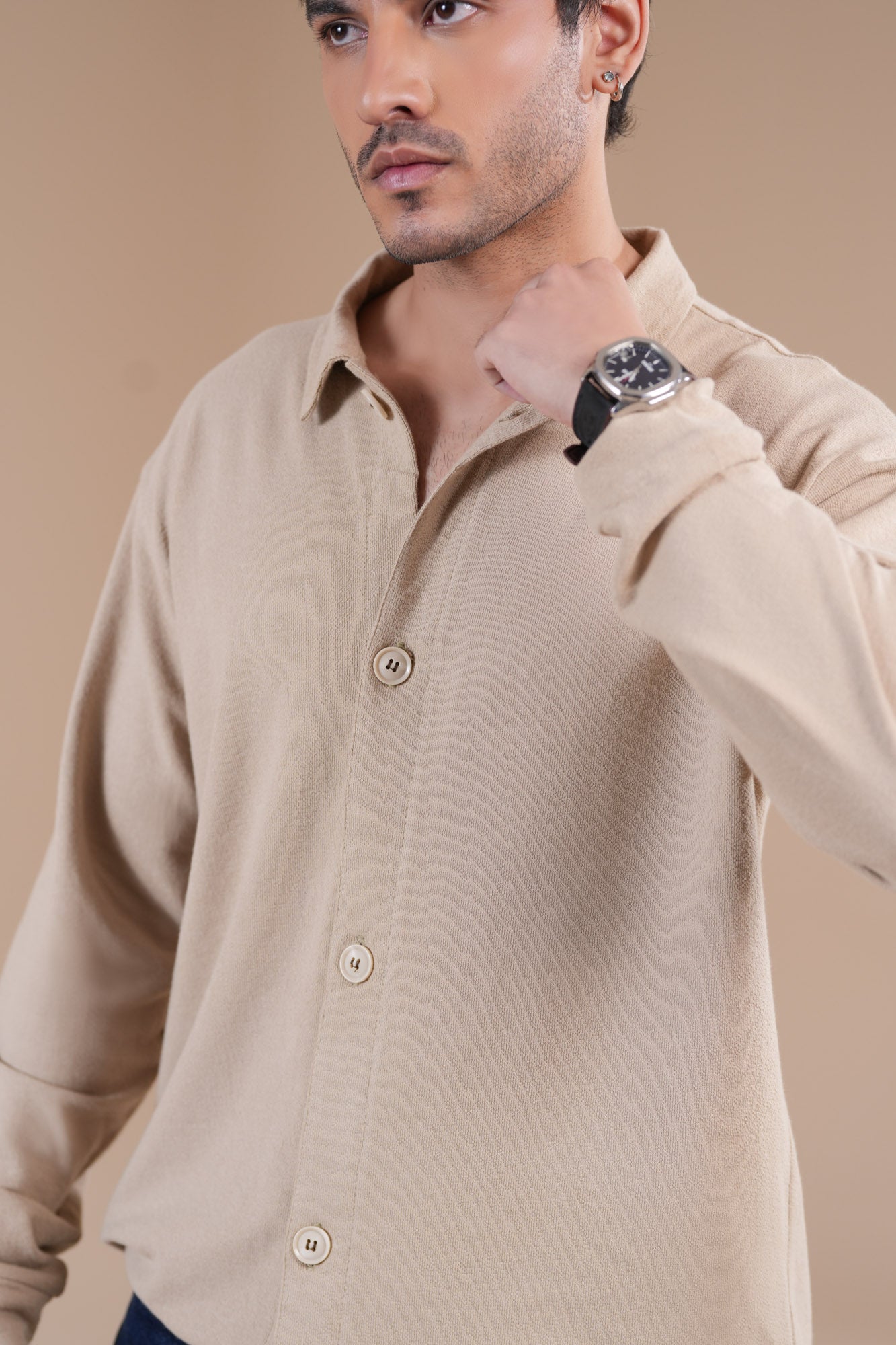 Beige Polo Collar Cardigan - Men