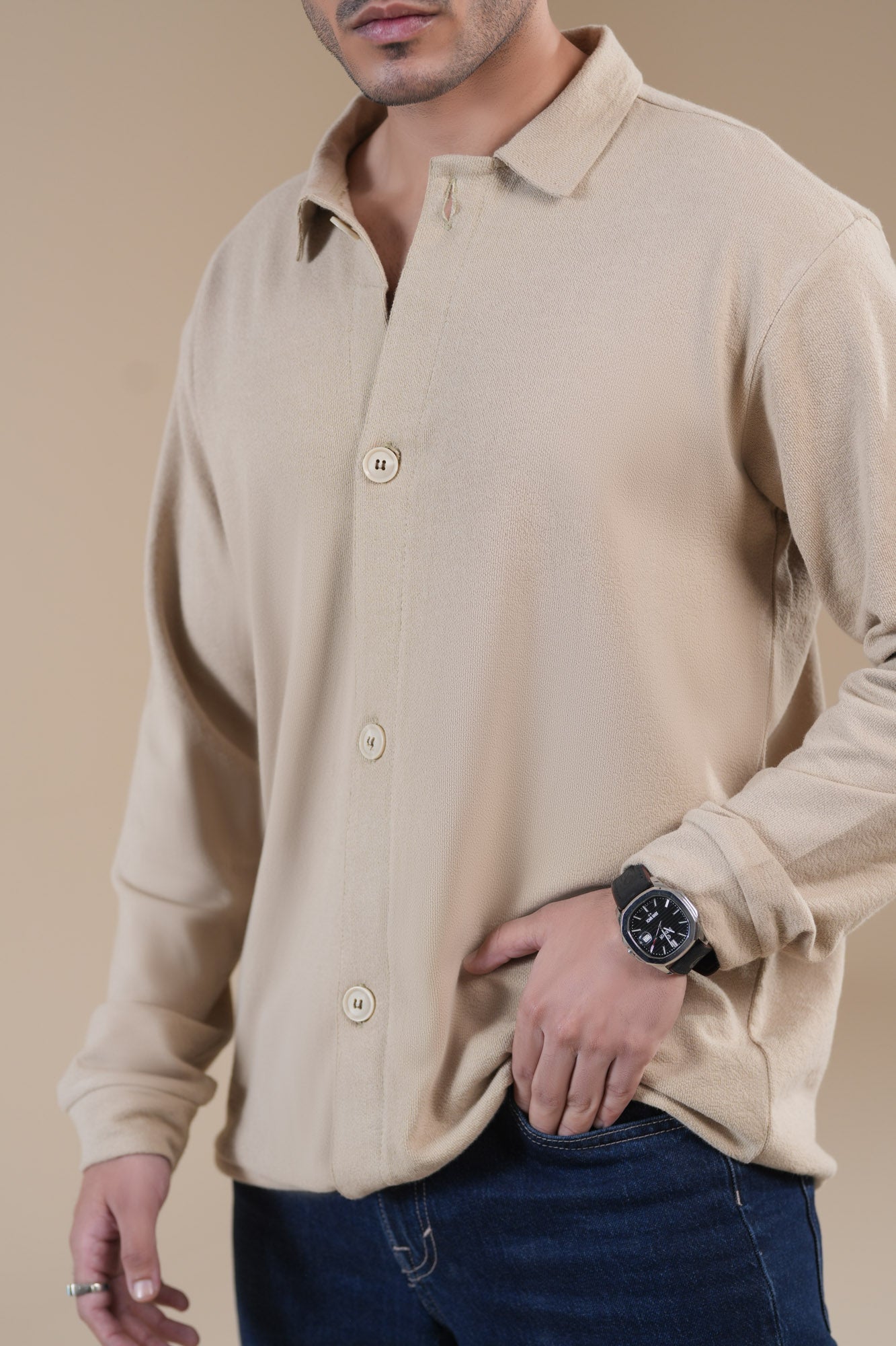 Beige Polo Collar Cardigan - Men