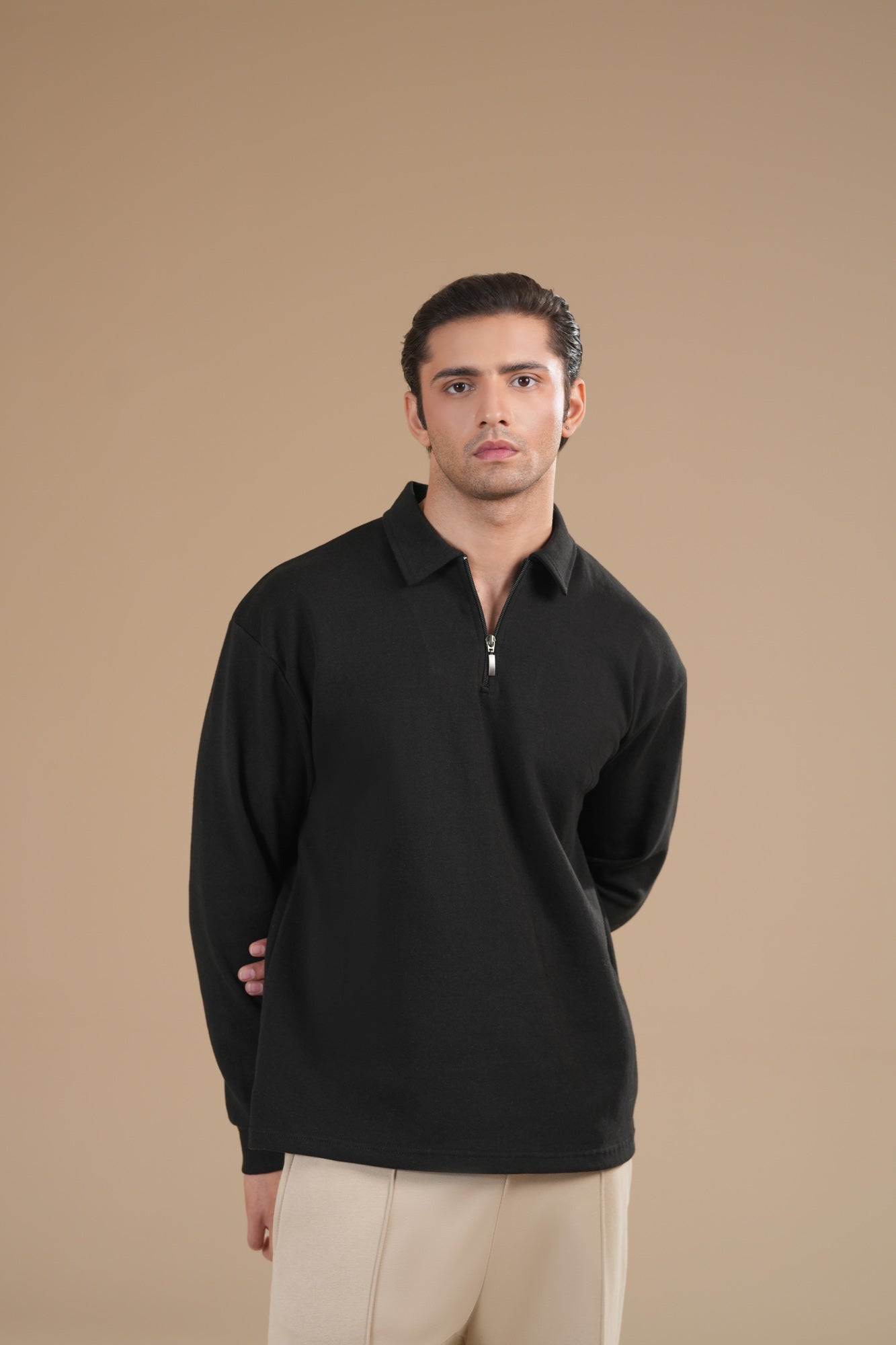 Black Interlock Zipper Polo - Full Sleeves - Men