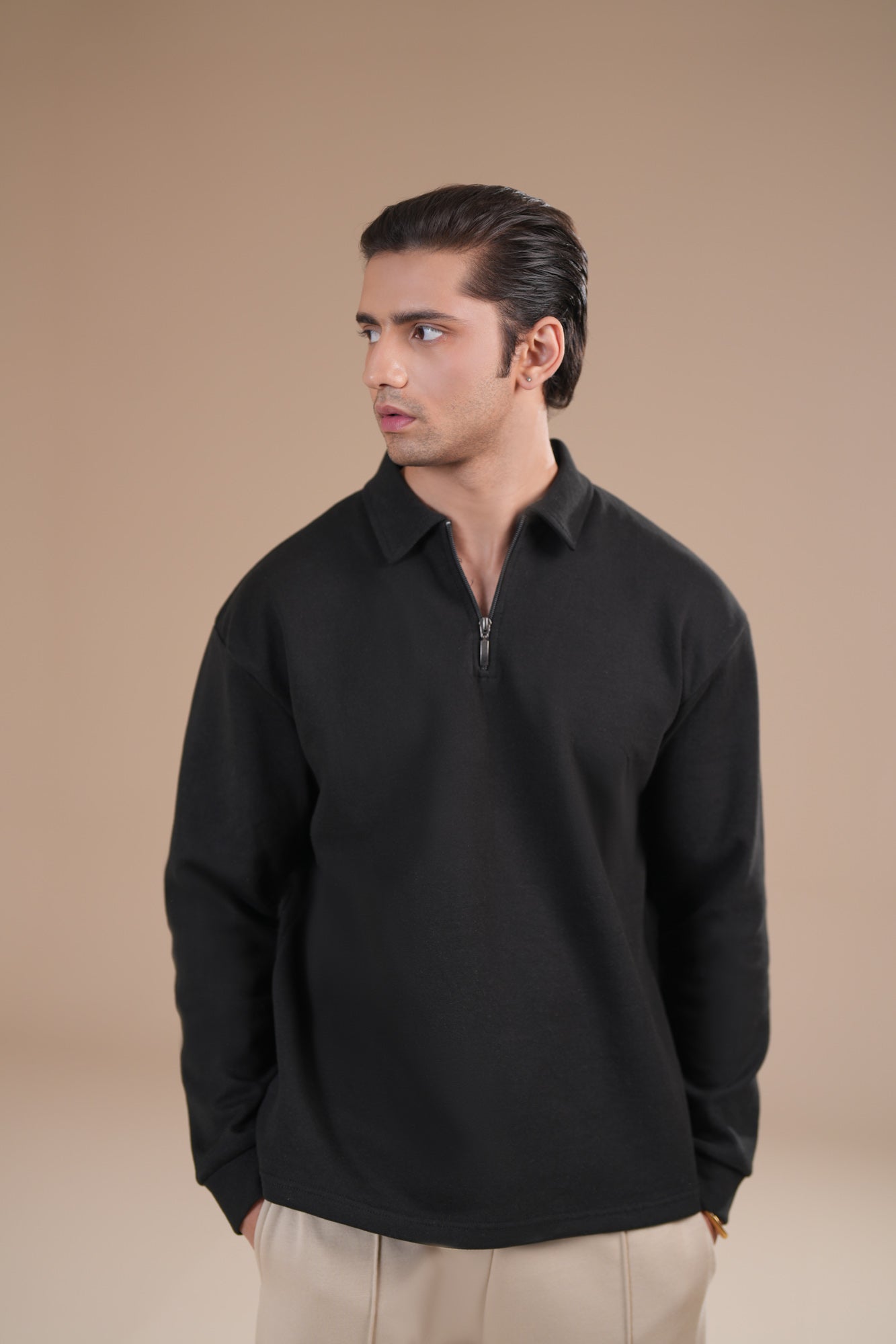 Black Interlock Zipper Polo - Full Sleeves - Men