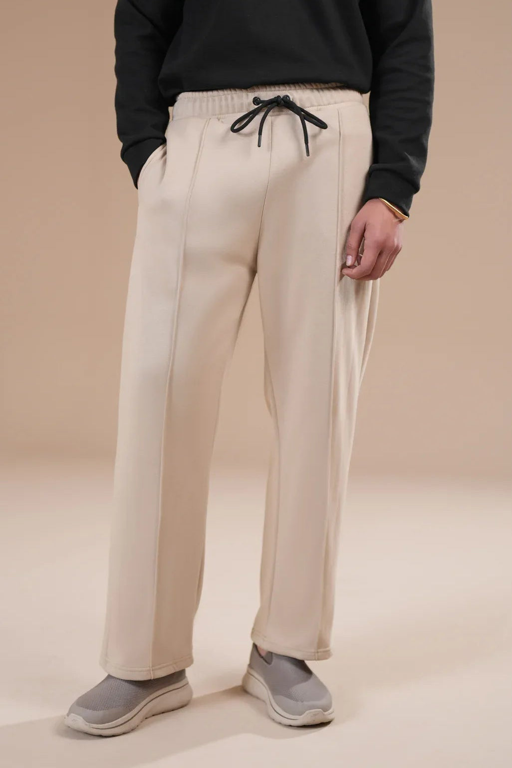 Beige Fleece Straight Fit Trouser with Drawstring - Men - Muraqsh -- Men Western