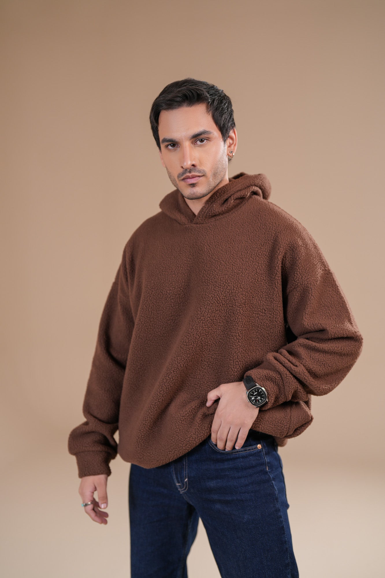 Brown Sherpa Hoodie - Relaxed Fit - Men