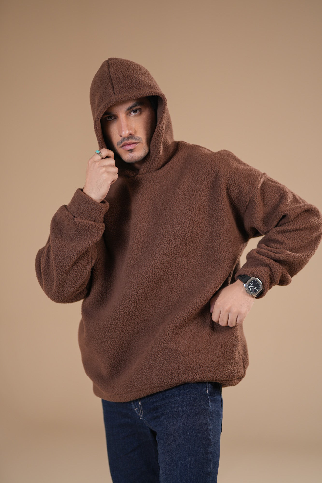 Brown Sherpa Hoodie - Relaxed Fit - Men