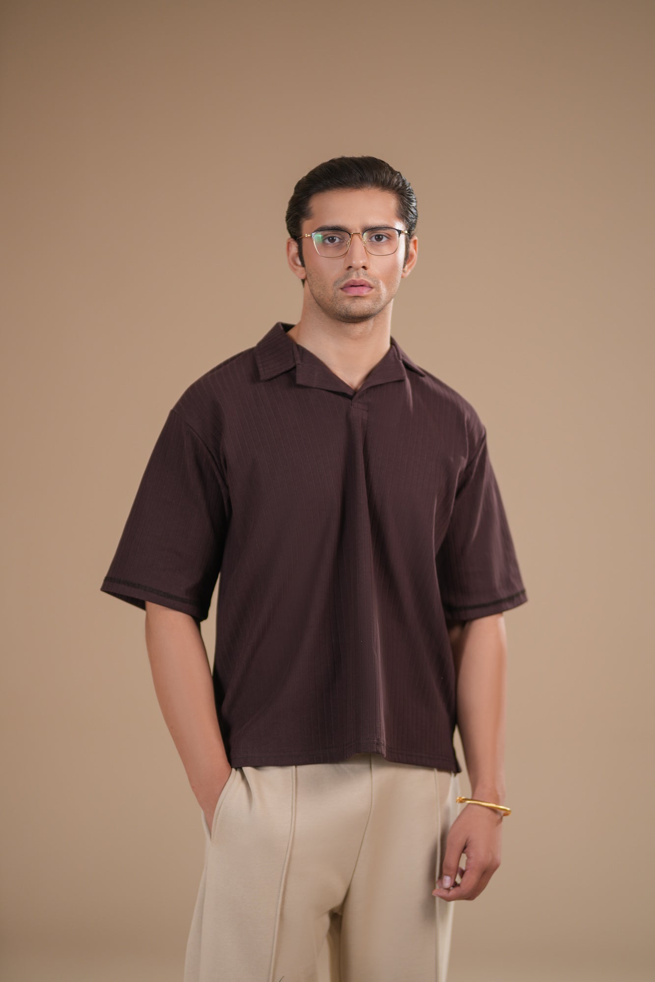 Brown Ribbed Boxy Revere Polo - Men