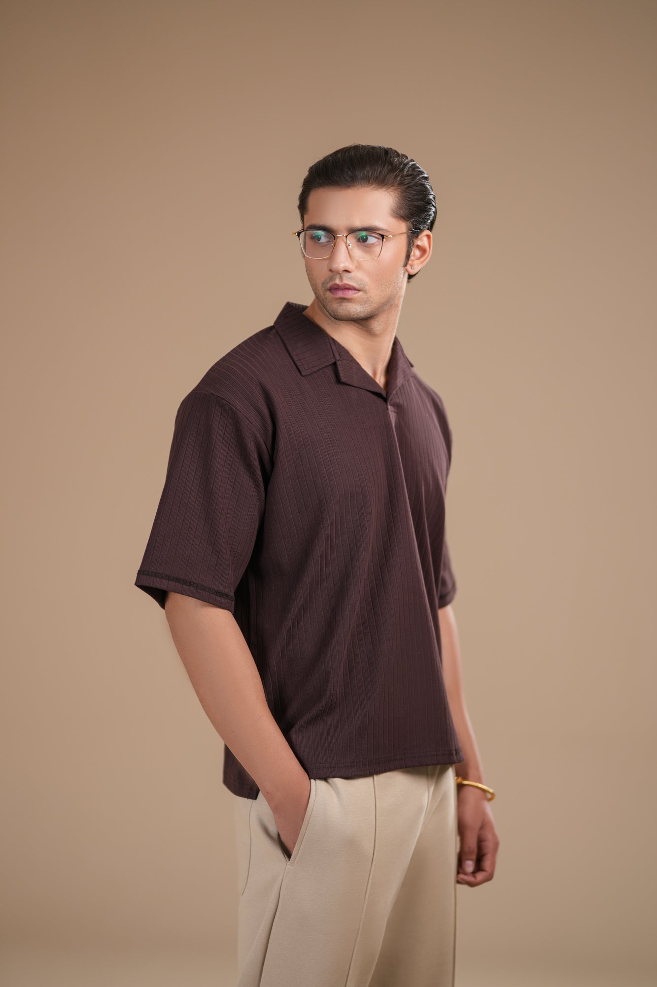 Brown Ribbed Boxy Revere Polo - Men