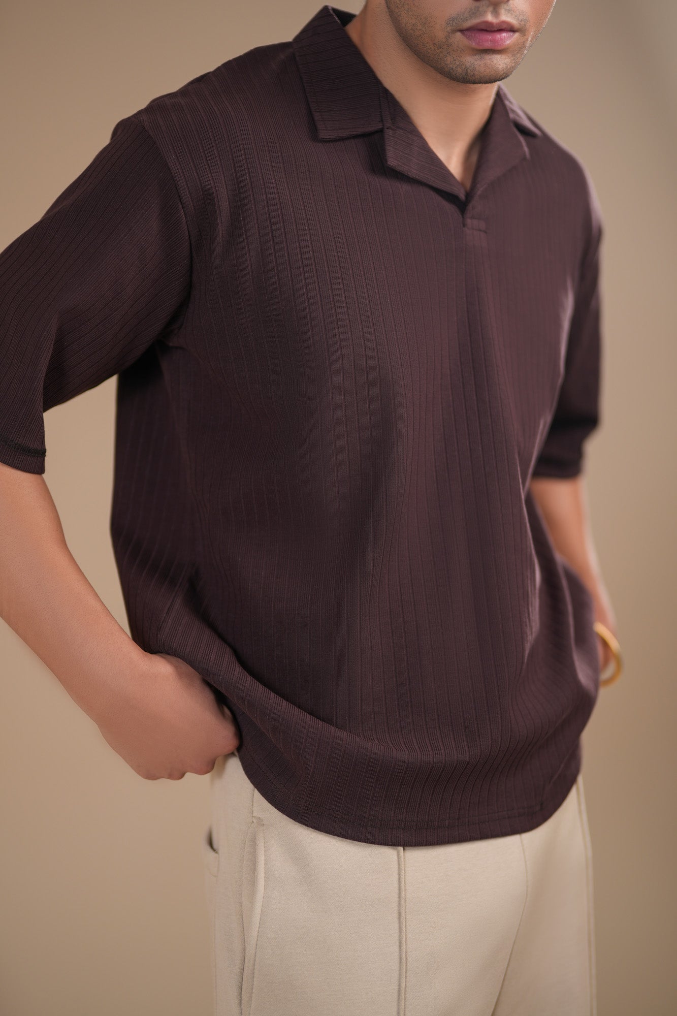 Brown Ribbed Boxy Revere Polo - Men