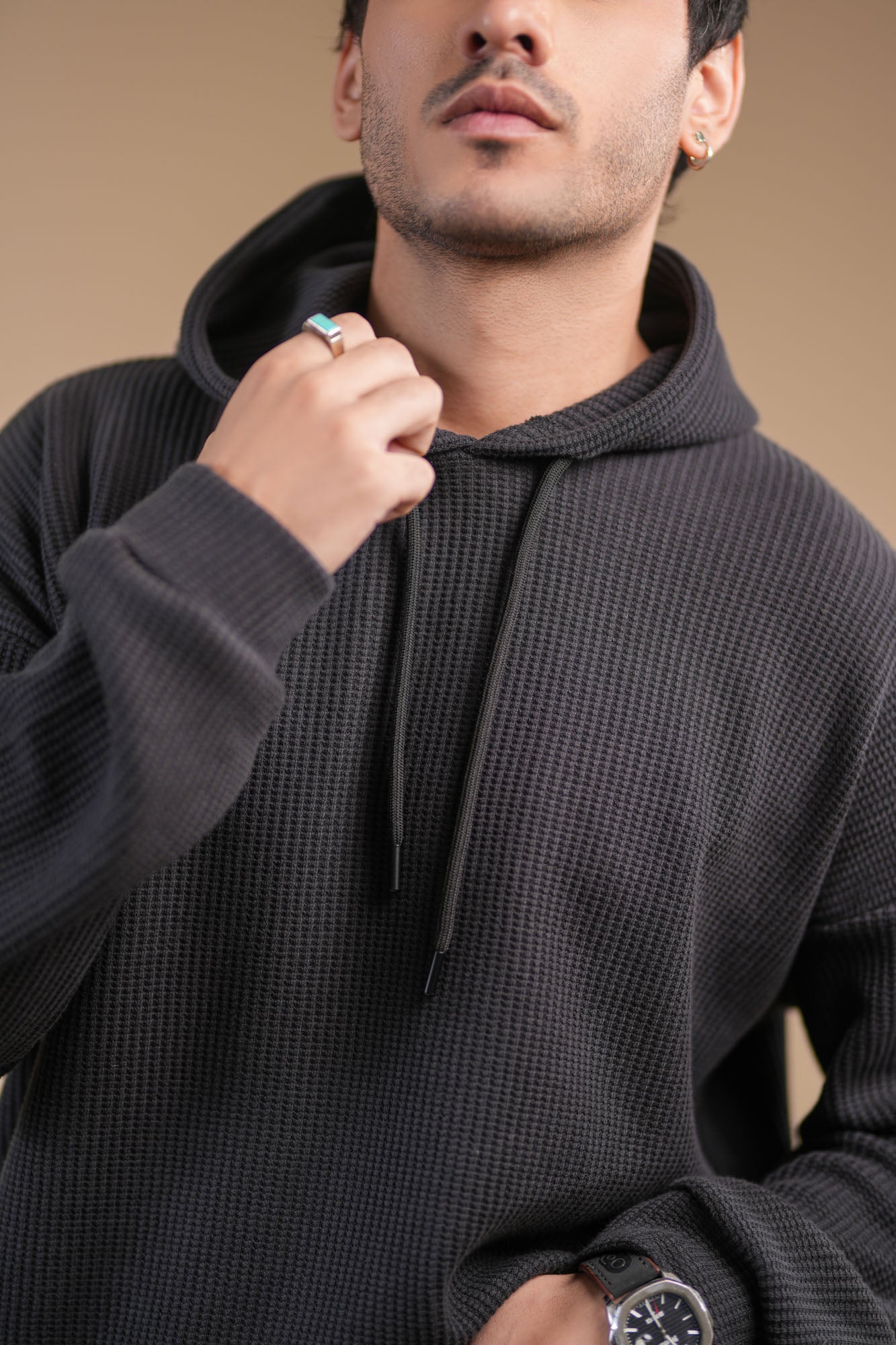 Black Waffle Pullover Hoodie - Relaxed Fit  - Men