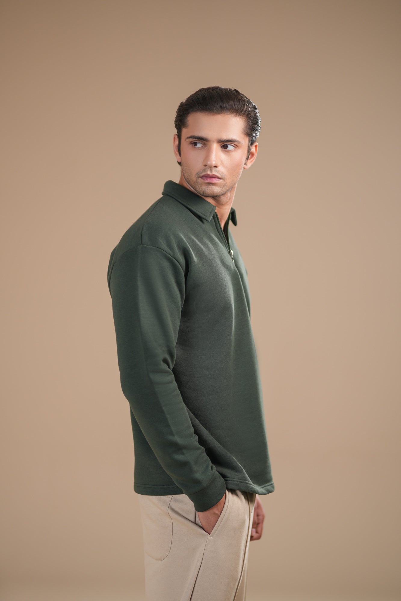 Deep Green Fleece Zipper Polo - Full Sleeves - Men