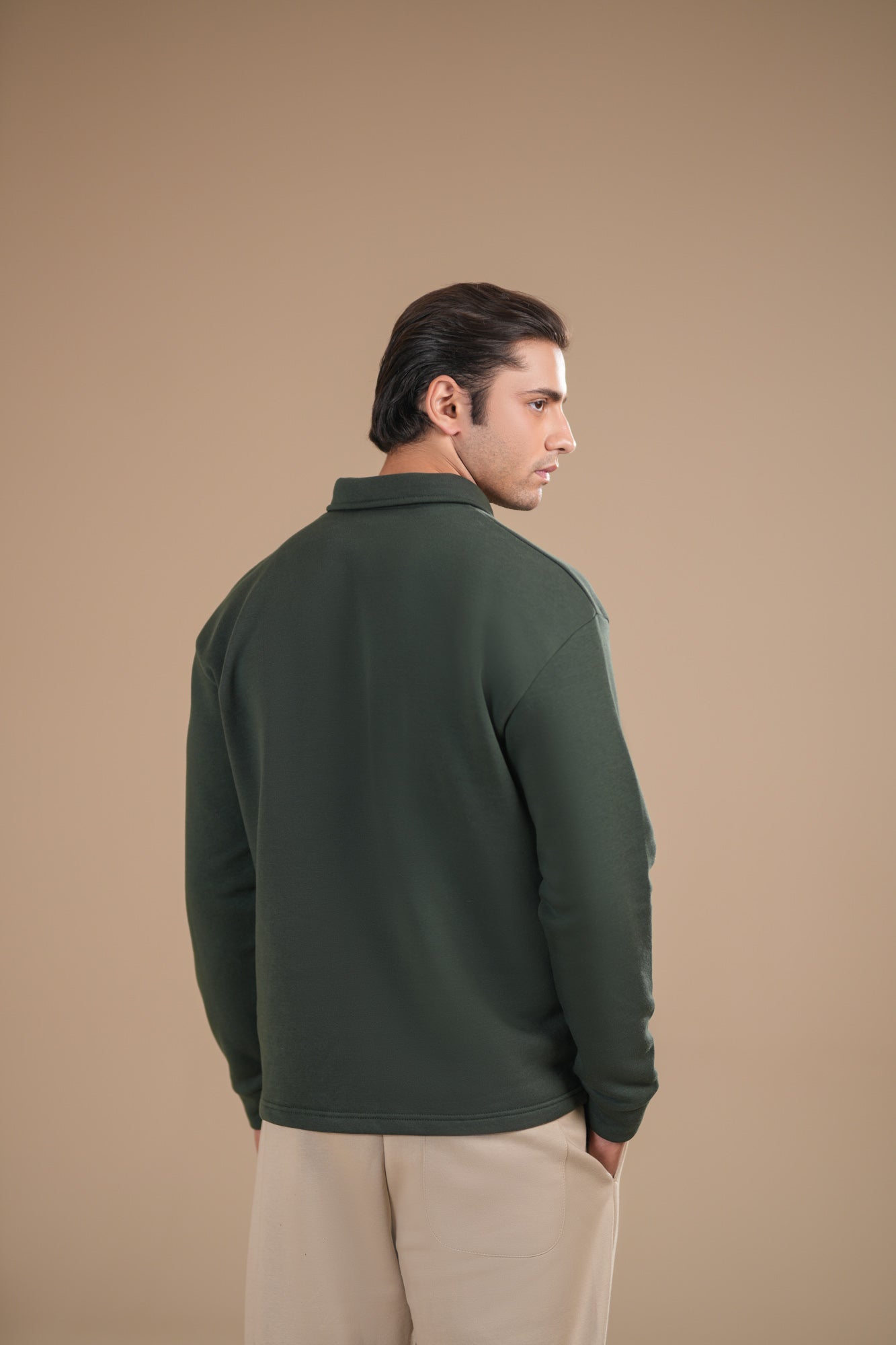 Deep Green Fleece Zipper Polo - Full Sleeves - Men