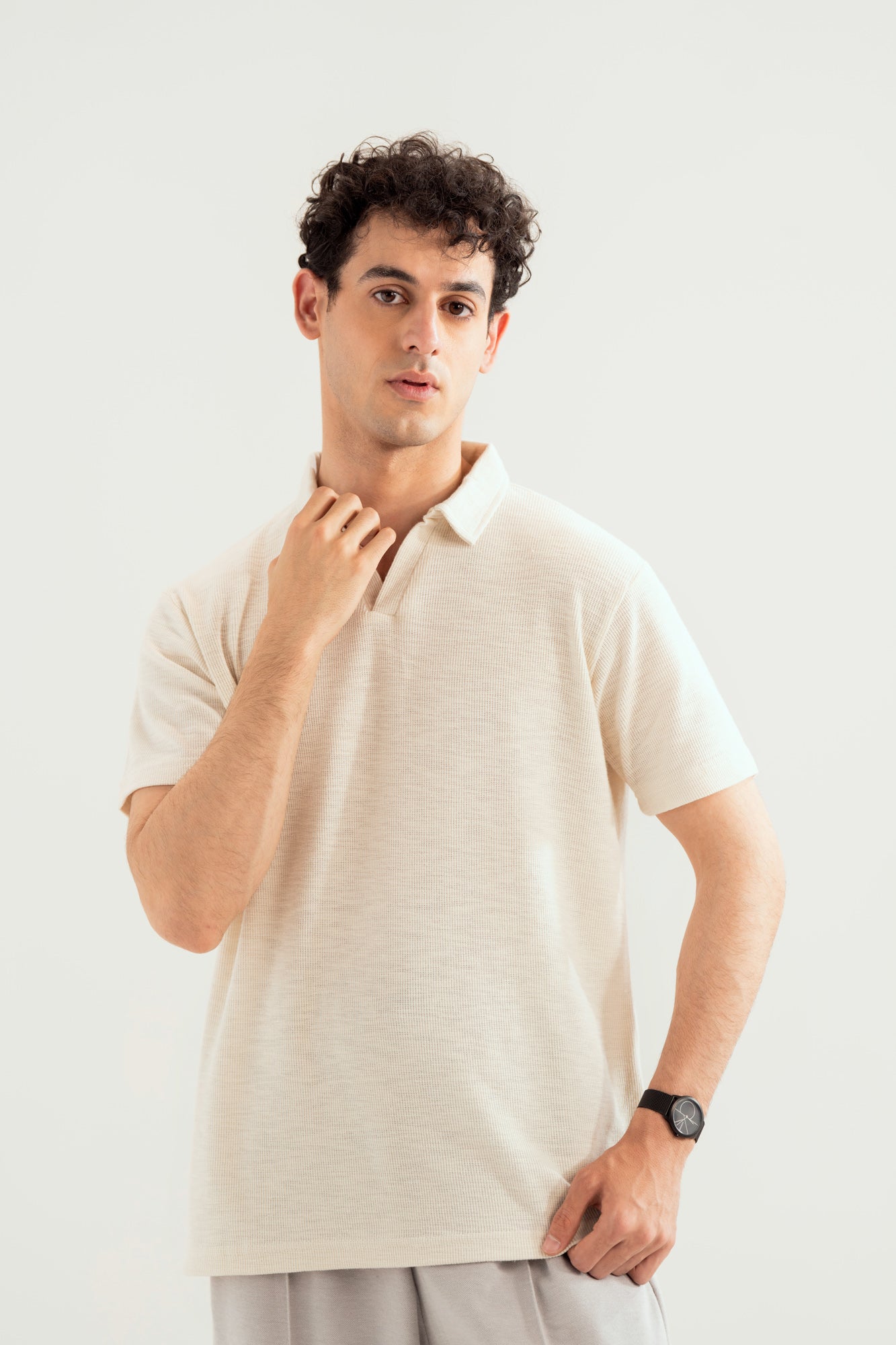 Off White Mesh Thermal Knit Polo - Smart Fit - Men