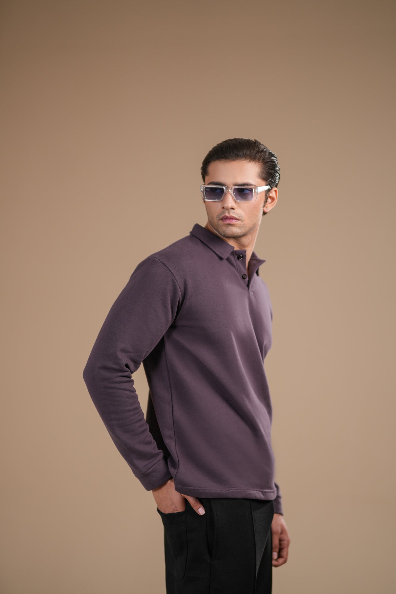 Deep Purple Fleece Polo - Full Sleeves - Men