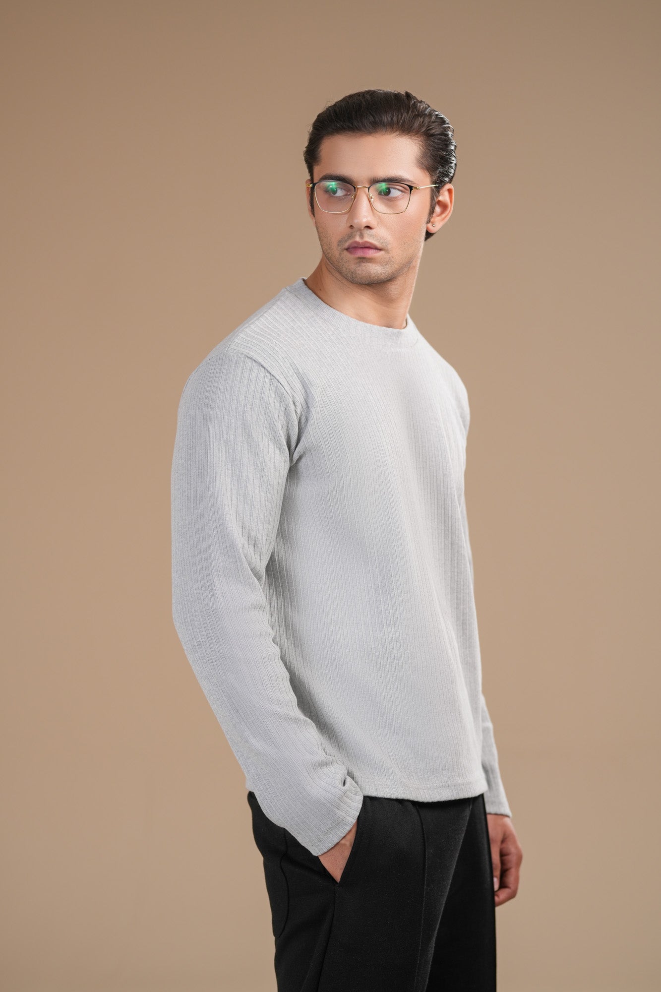 Grey Ribbed Sweat Shirt - Relaxed Fit - Men