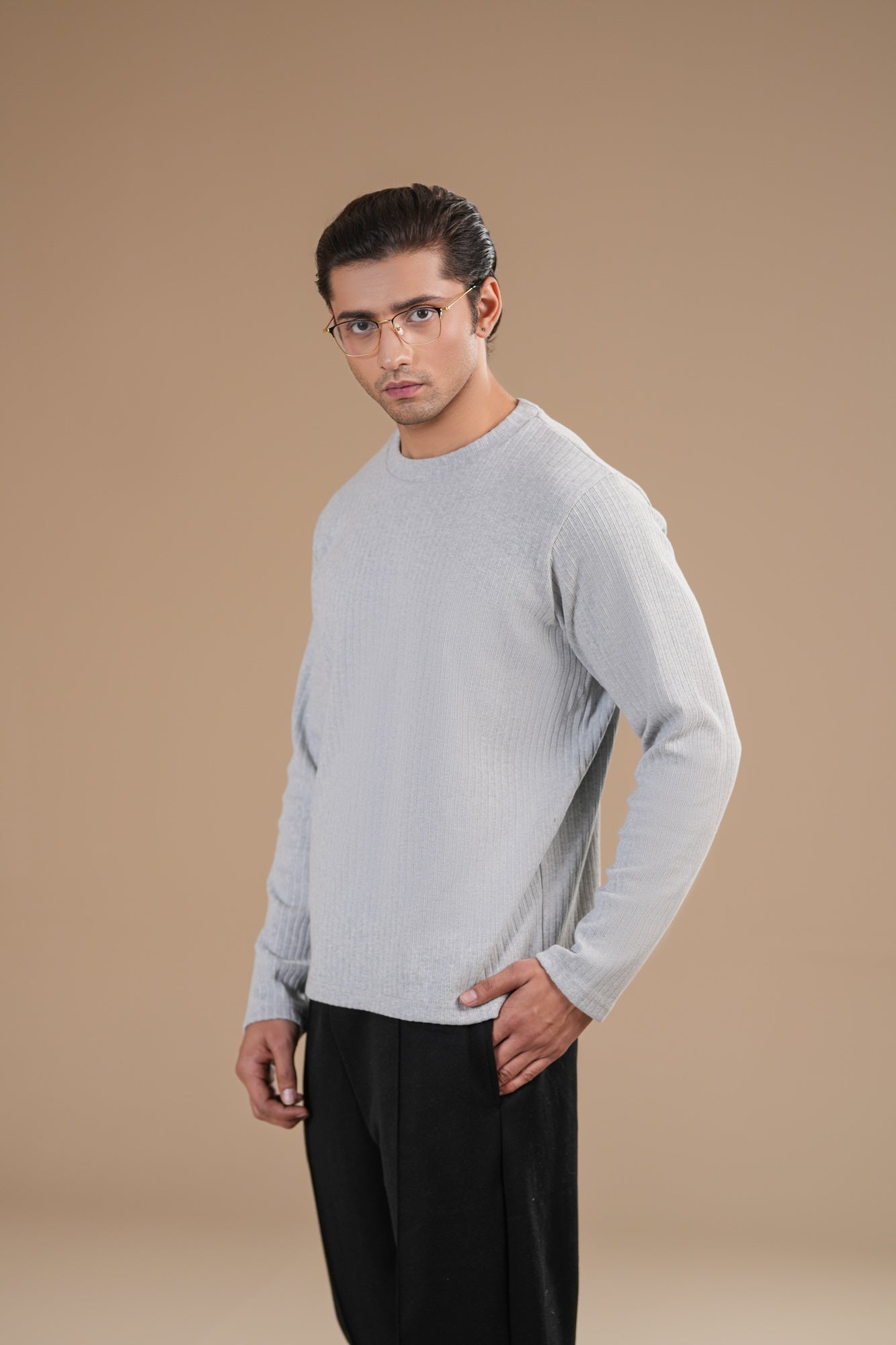 Grey Ribbed Sweat Shirt - Relaxed Fit - Men