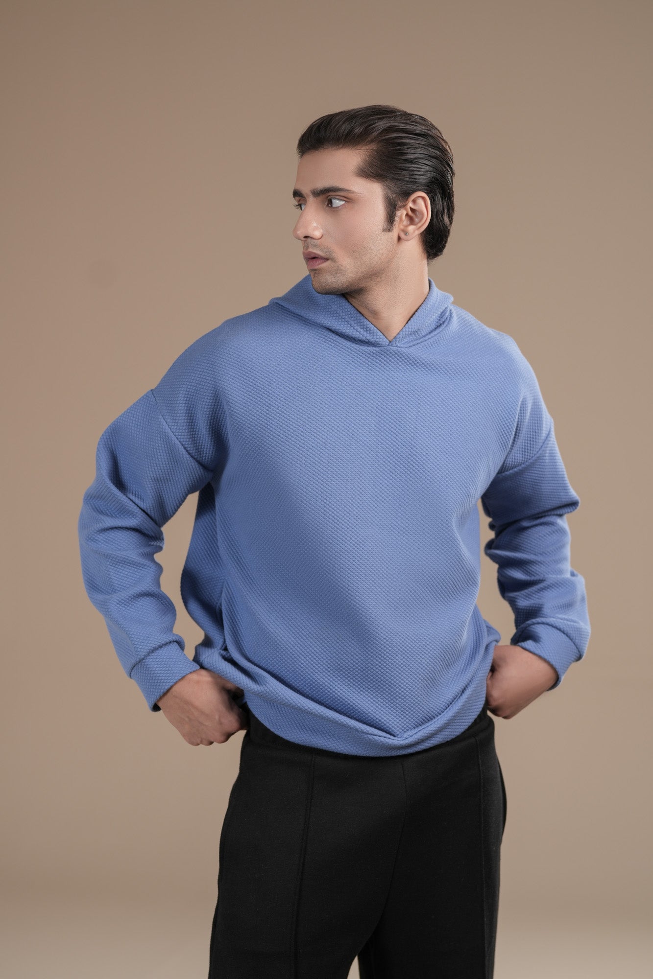 Sky Blue Waffle Pullover Hoodie - Relaxed Fit - Men