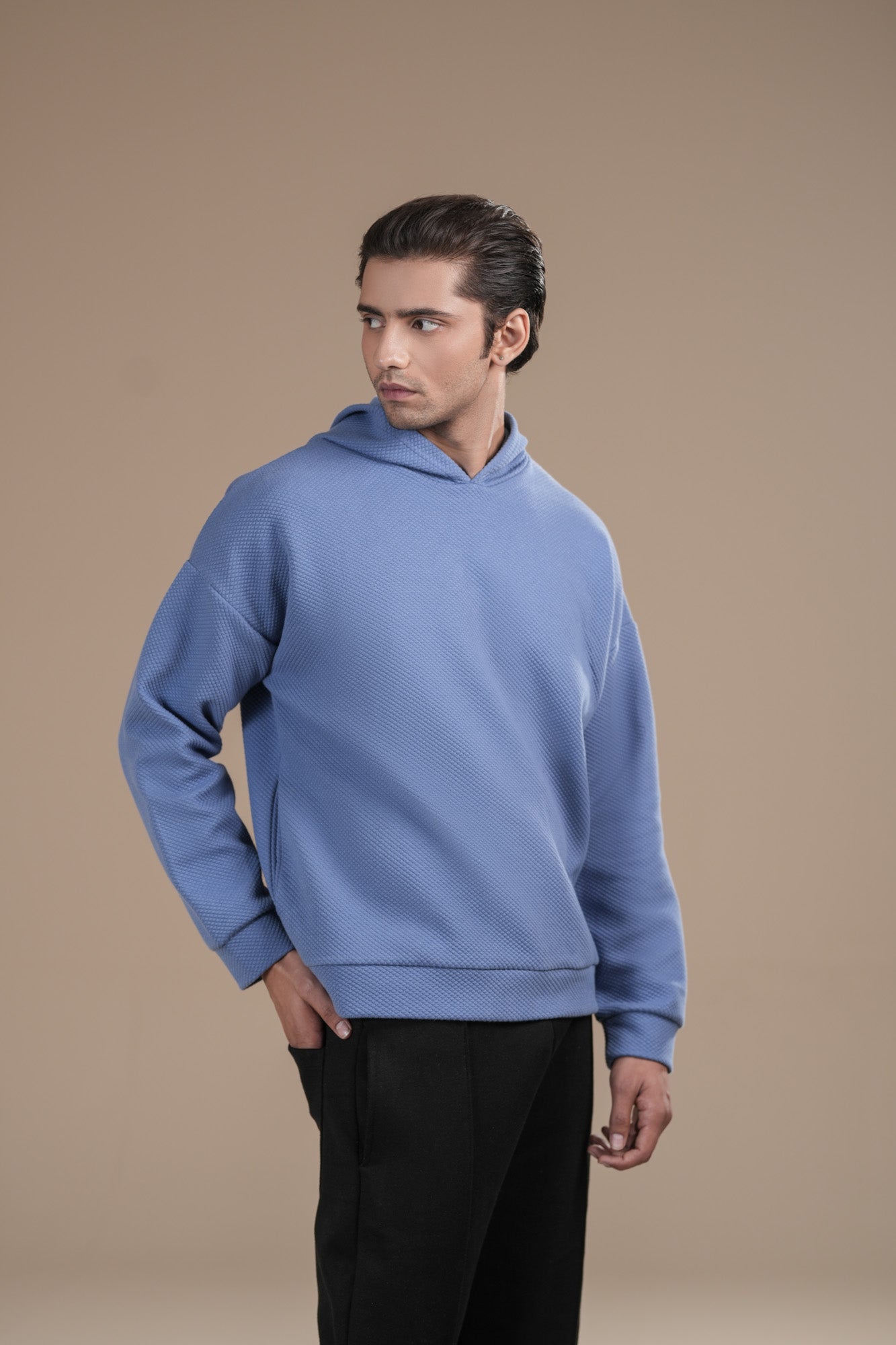 Sky Blue Waffle Pullover Hoodie - Relaxed Fit - Men