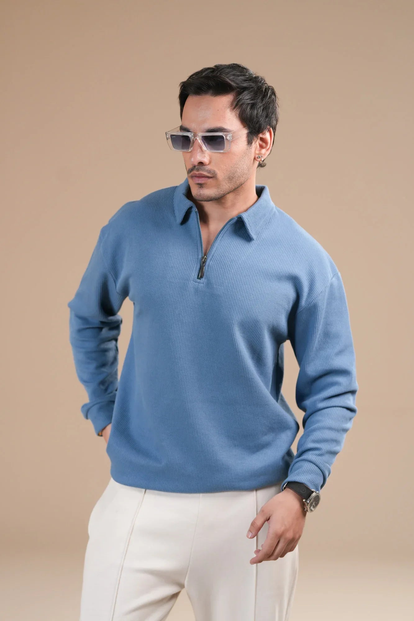 Sky Blue Waffle Zipper Polo - Full Sleeves - Men - Muraqsh -- Men Western