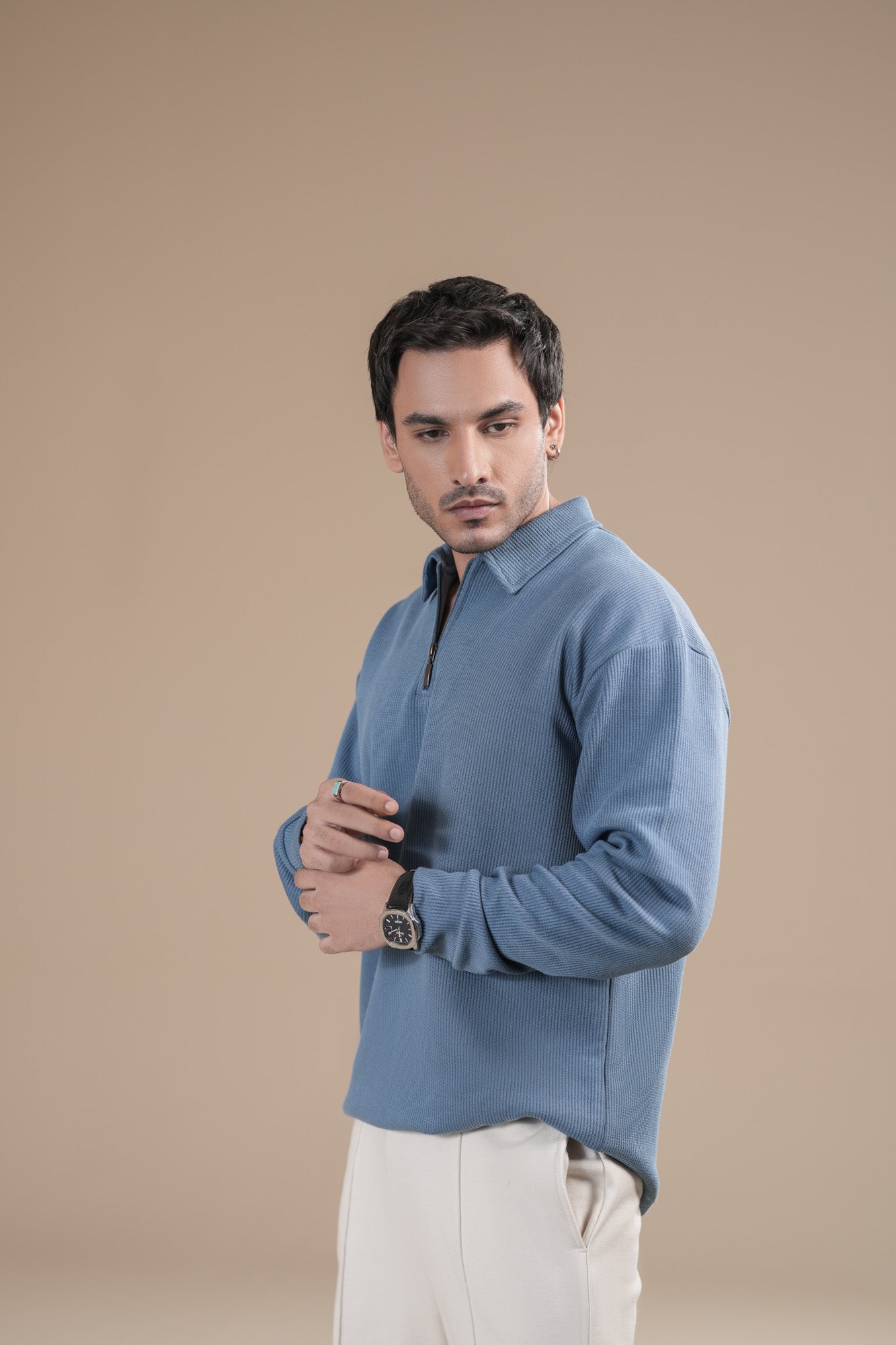 Sky Blue Waffle Zipper Polo - Full Sleeves - Men
