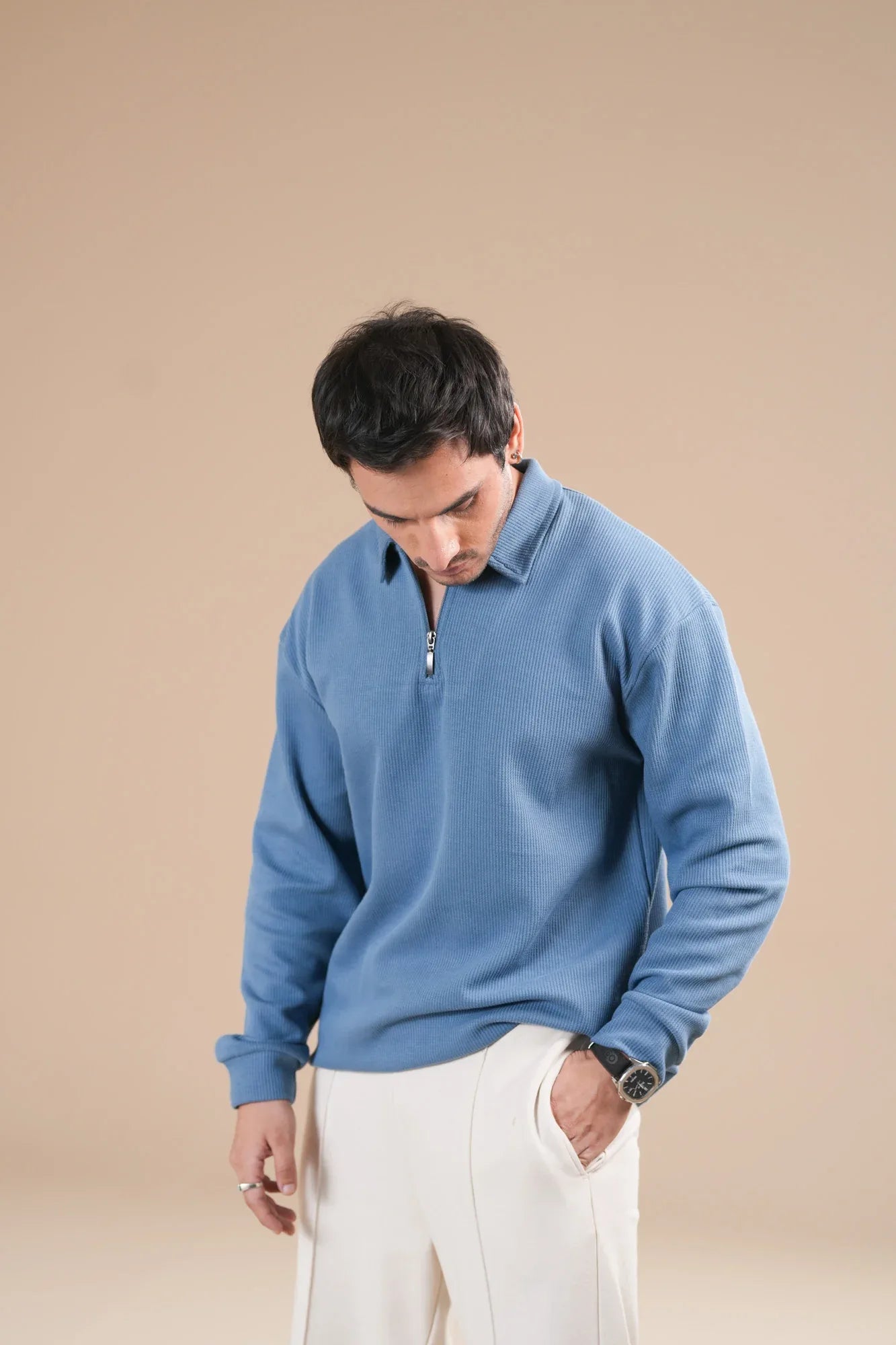 Sky Blue Waffle Zipper Polo - Full Sleeves - Men - Muraqsh -- Men Western