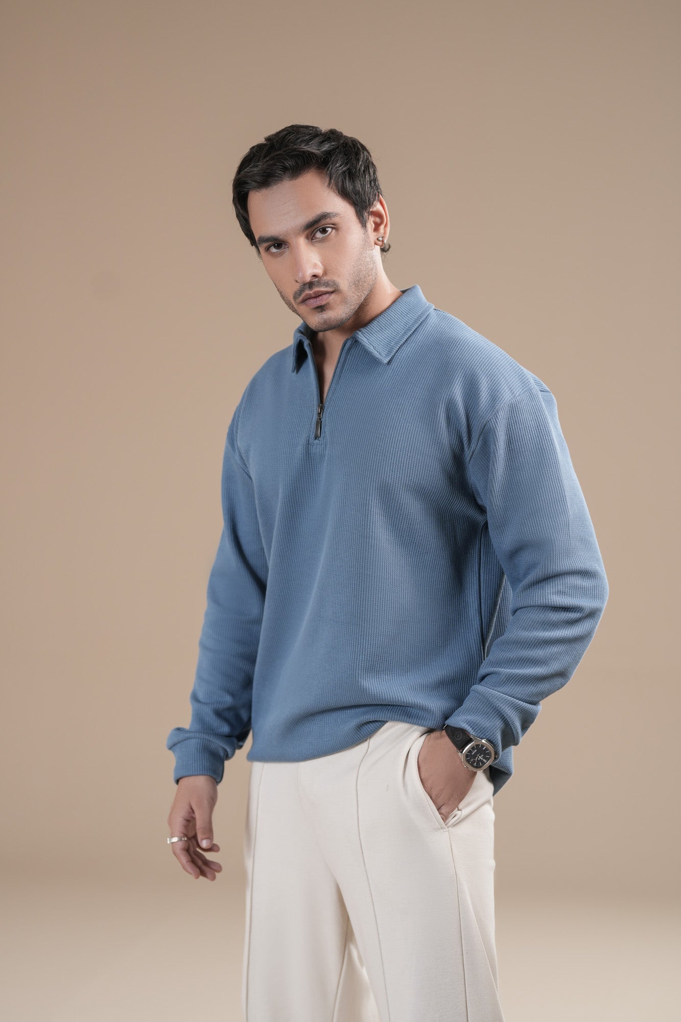 Sky Blue Waffle Zipper Polo - Full Sleeves - Men
