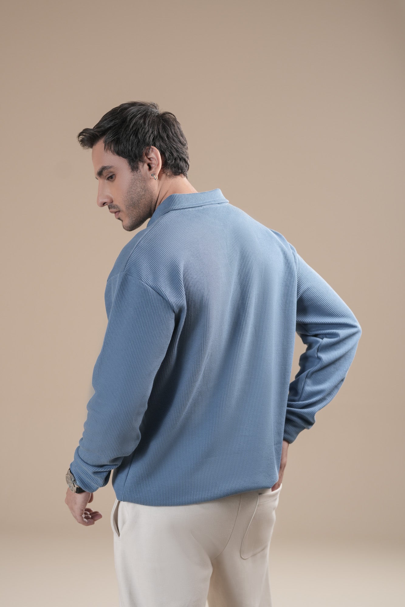 Sky Blue Waffle Zipper Polo - Full Sleeves - Men