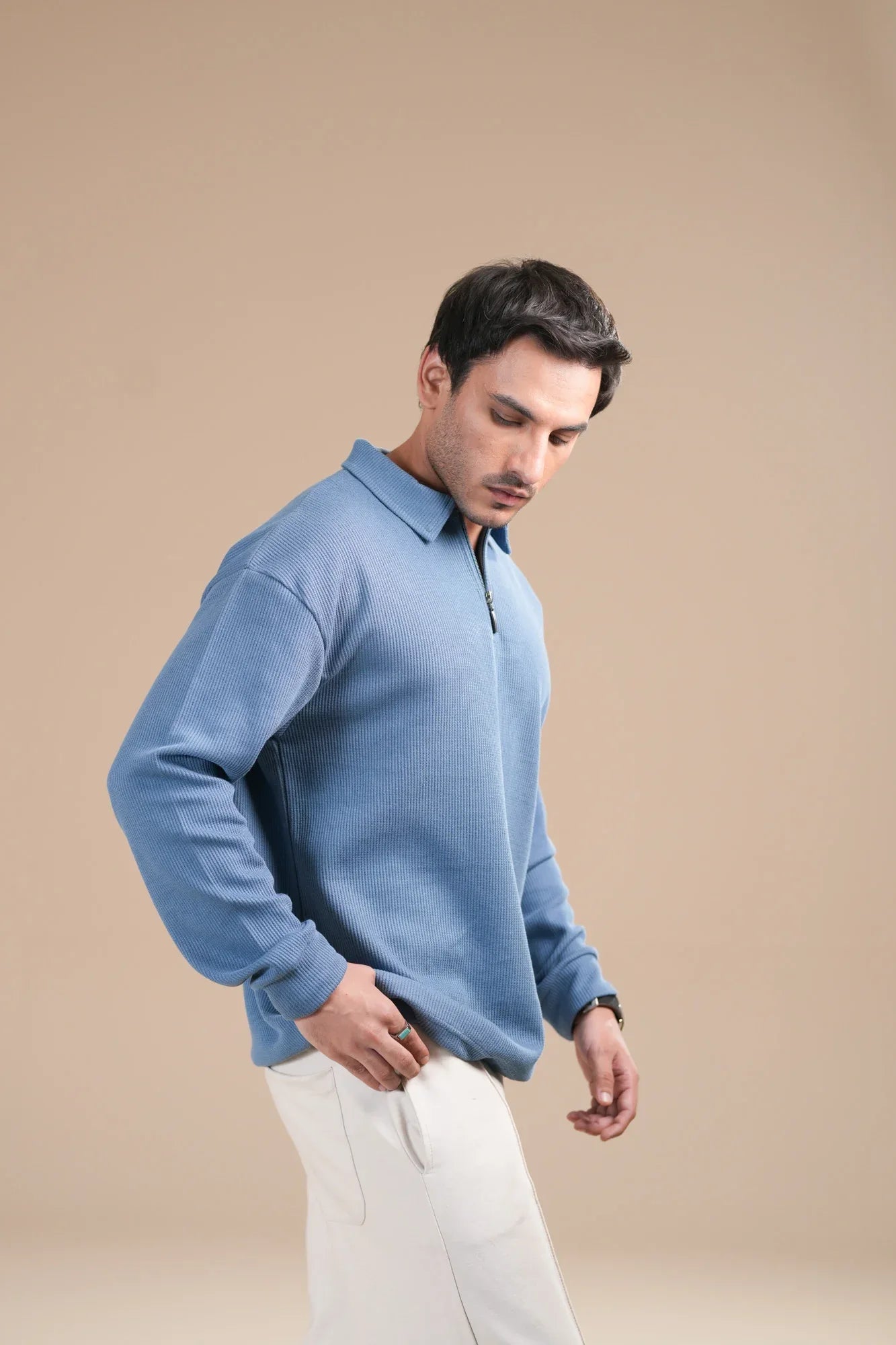 Sky Blue Waffle Zipper Polo - Full Sleeves - Men - Muraqsh -- Men Western