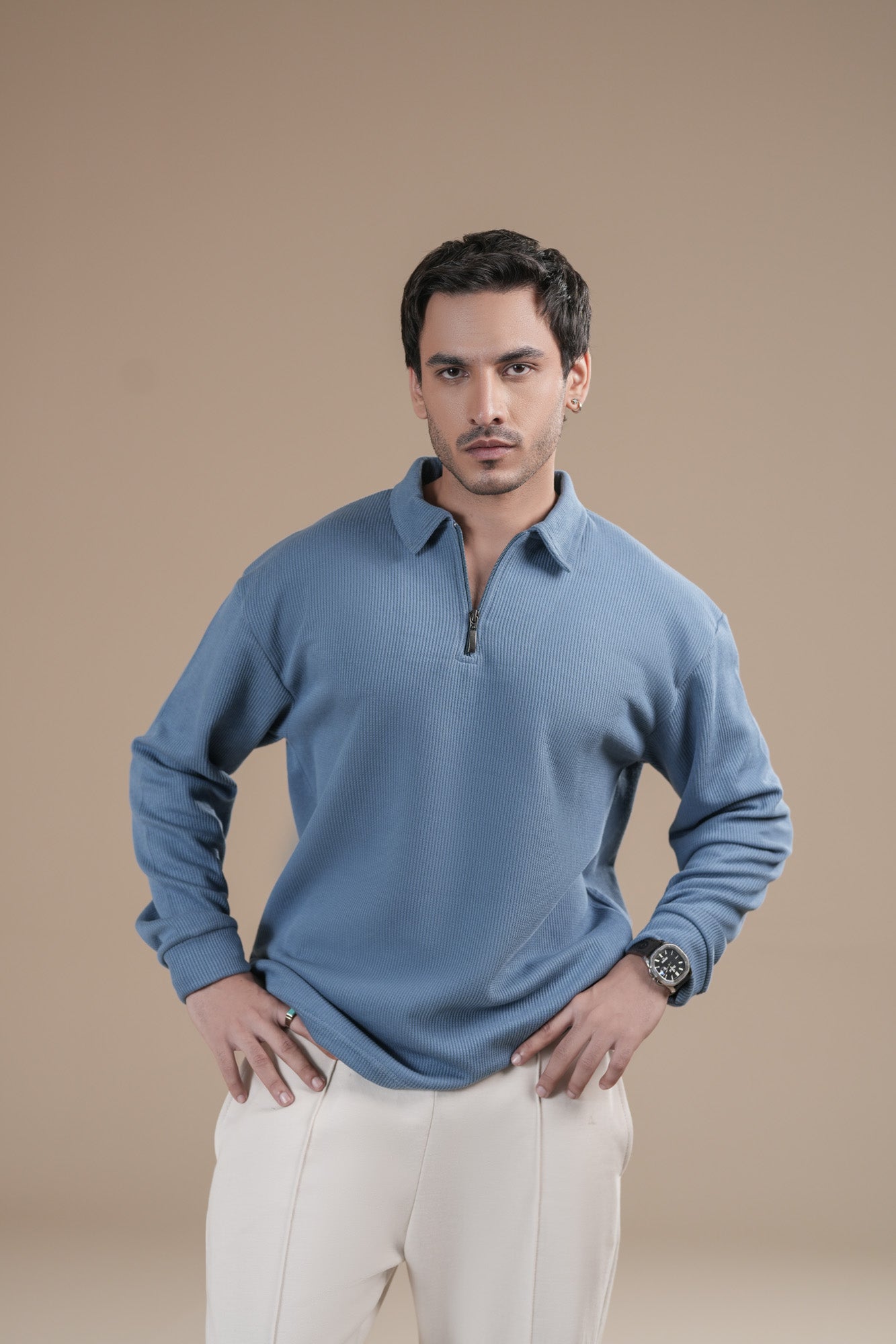 Sky Blue Waffle Zipper Polo - Full Sleeves - Men