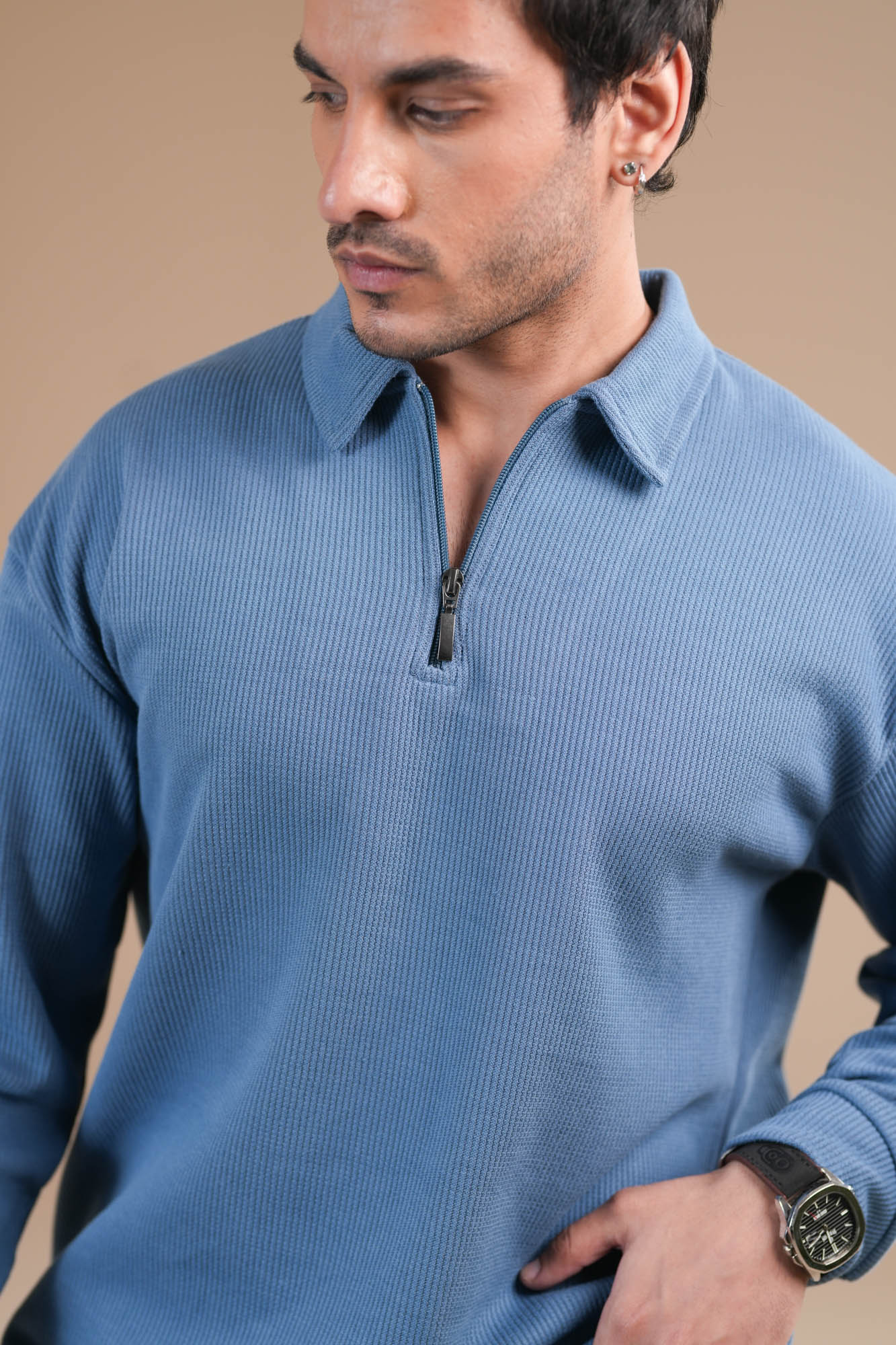 Sky Blue Waffle Zipper Polo - Full Sleeves - Men