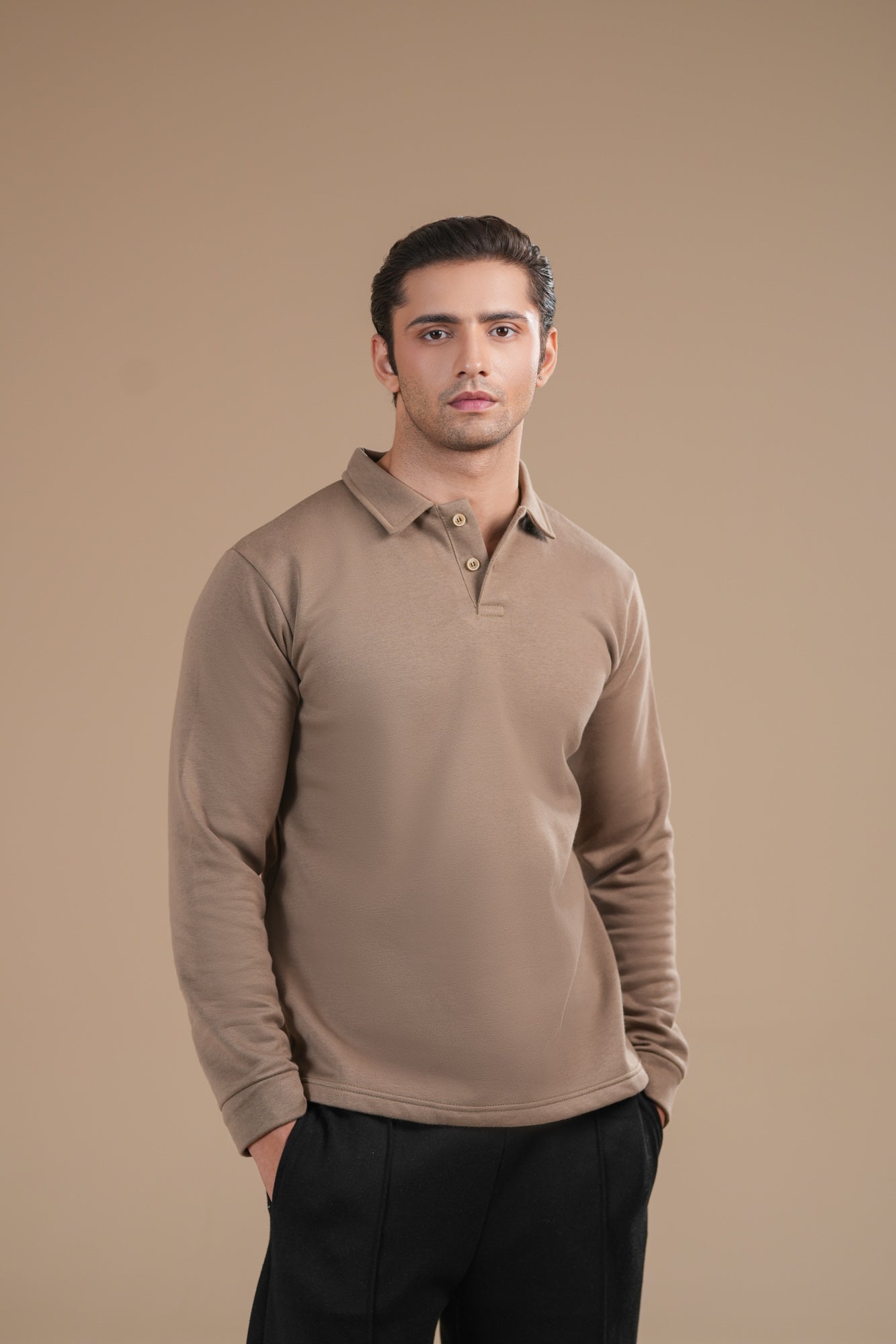Beige Fleece Polo - Full Sleeves - Men
