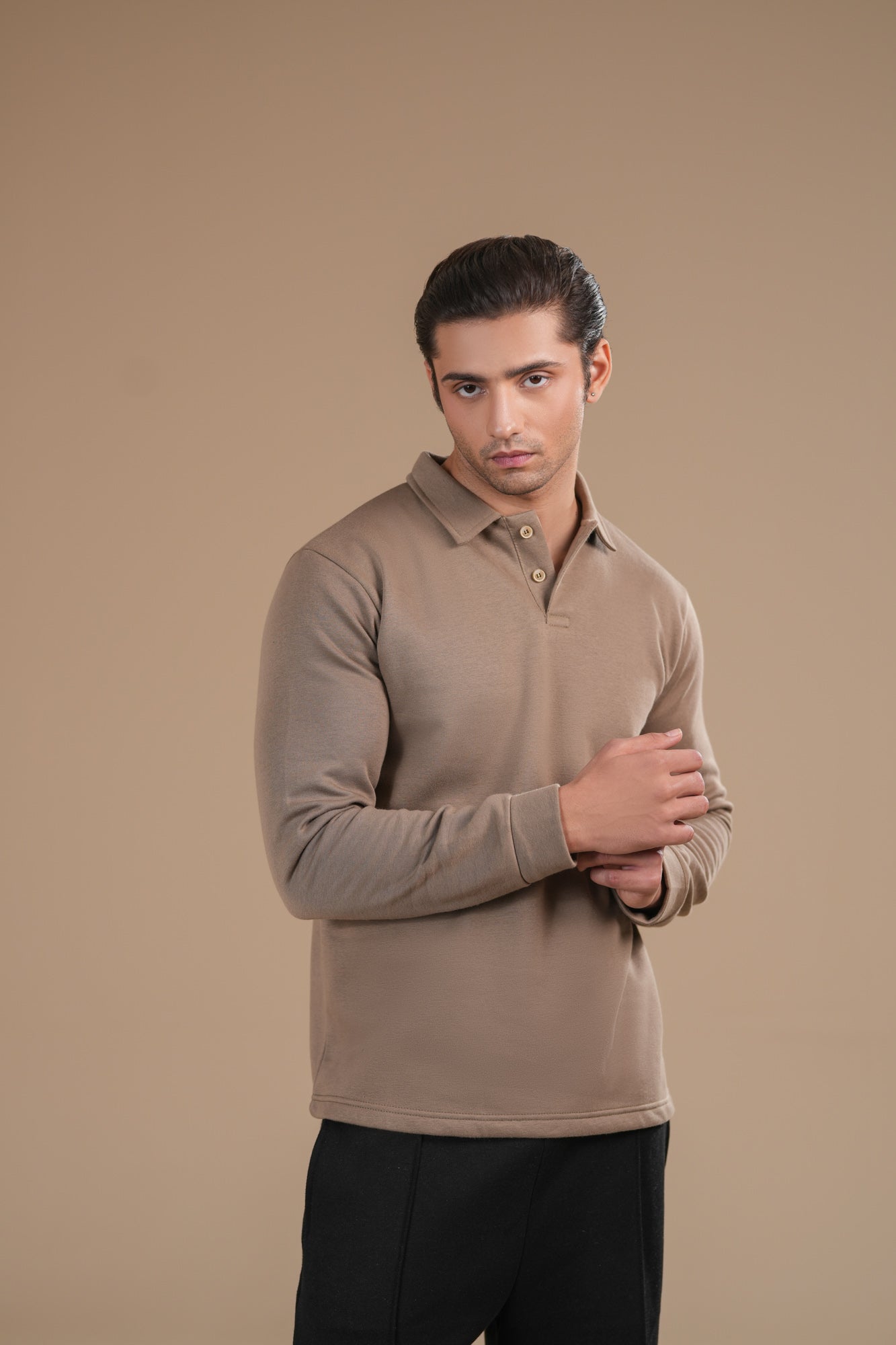 Beige Fleece Polo - Full Sleeves - Men