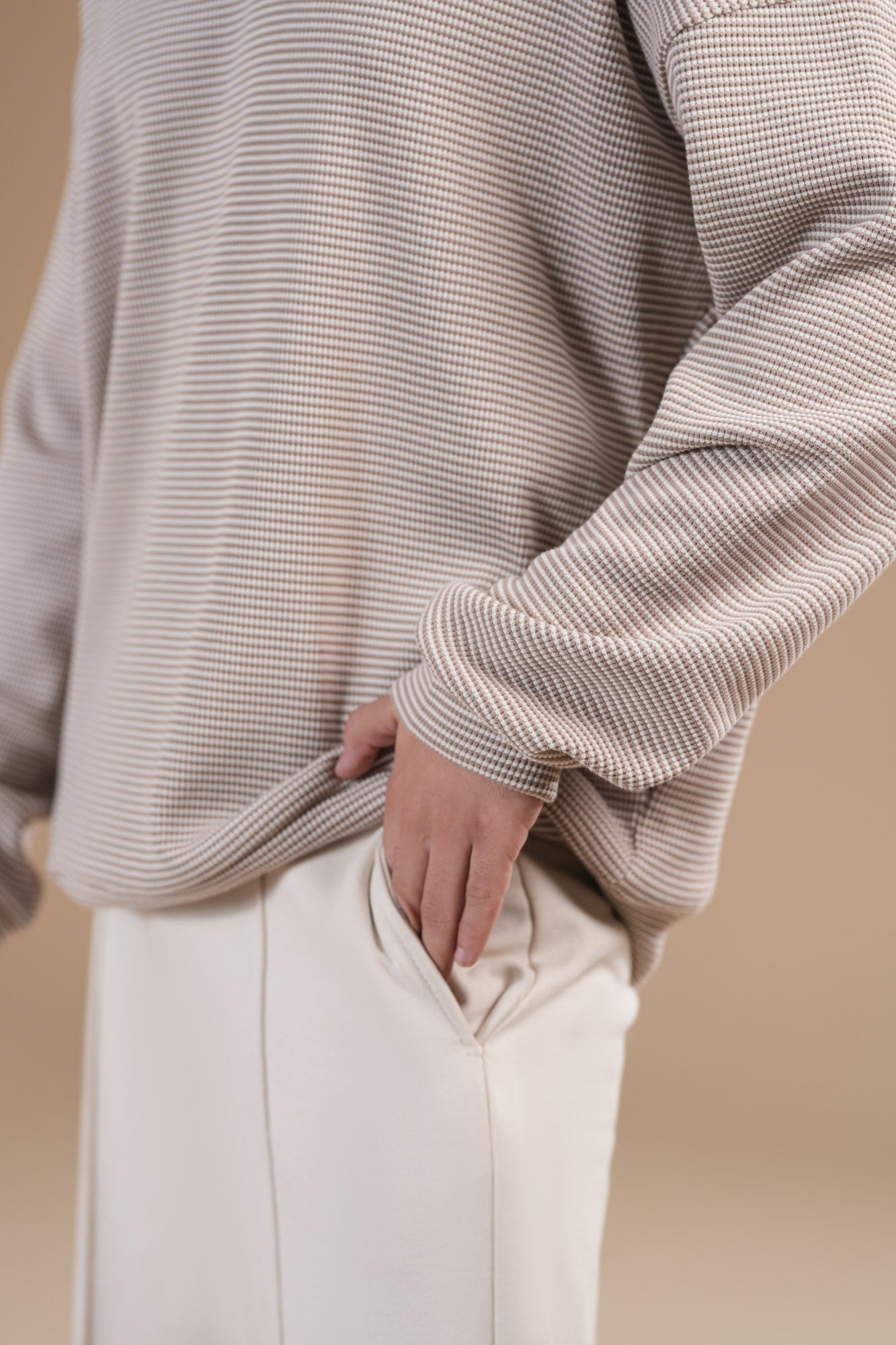 Beige White Waffle Pullover Hoodie - Relaxed Fit  - Men