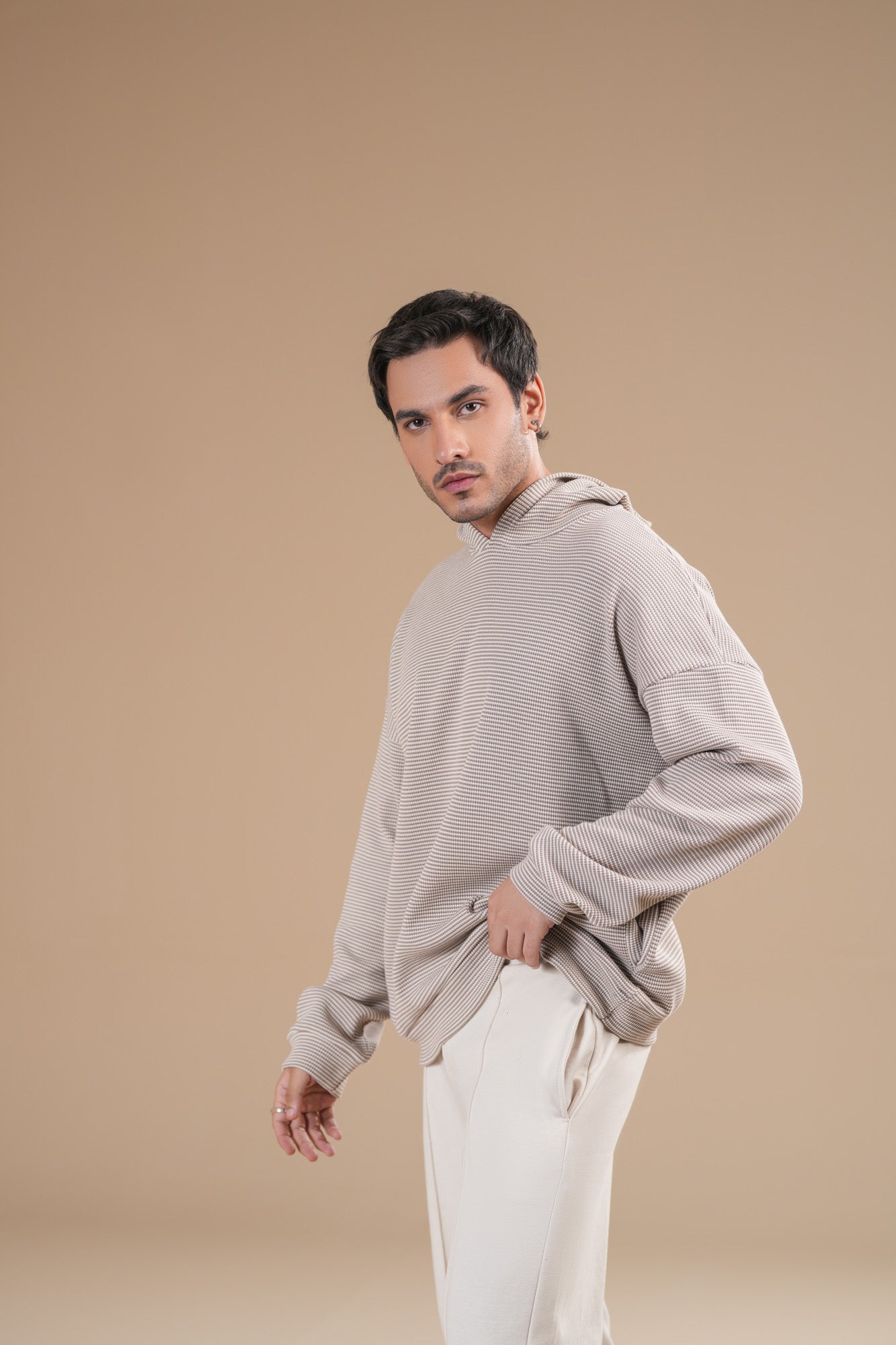 Beige White Waffle Pullover Hoodie - Relaxed Fit  - Men