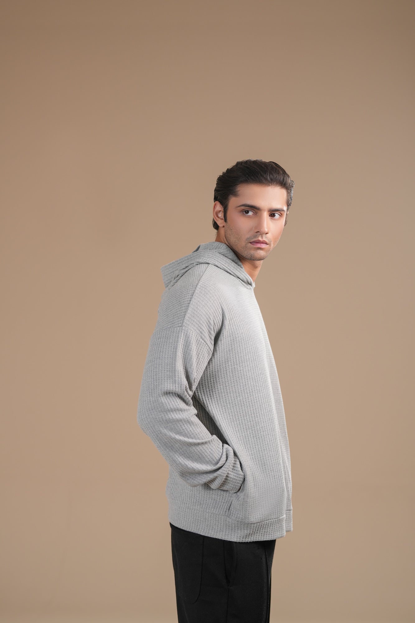 Grey Waffle Pullover Hoodie - Relaxed Fit - Men