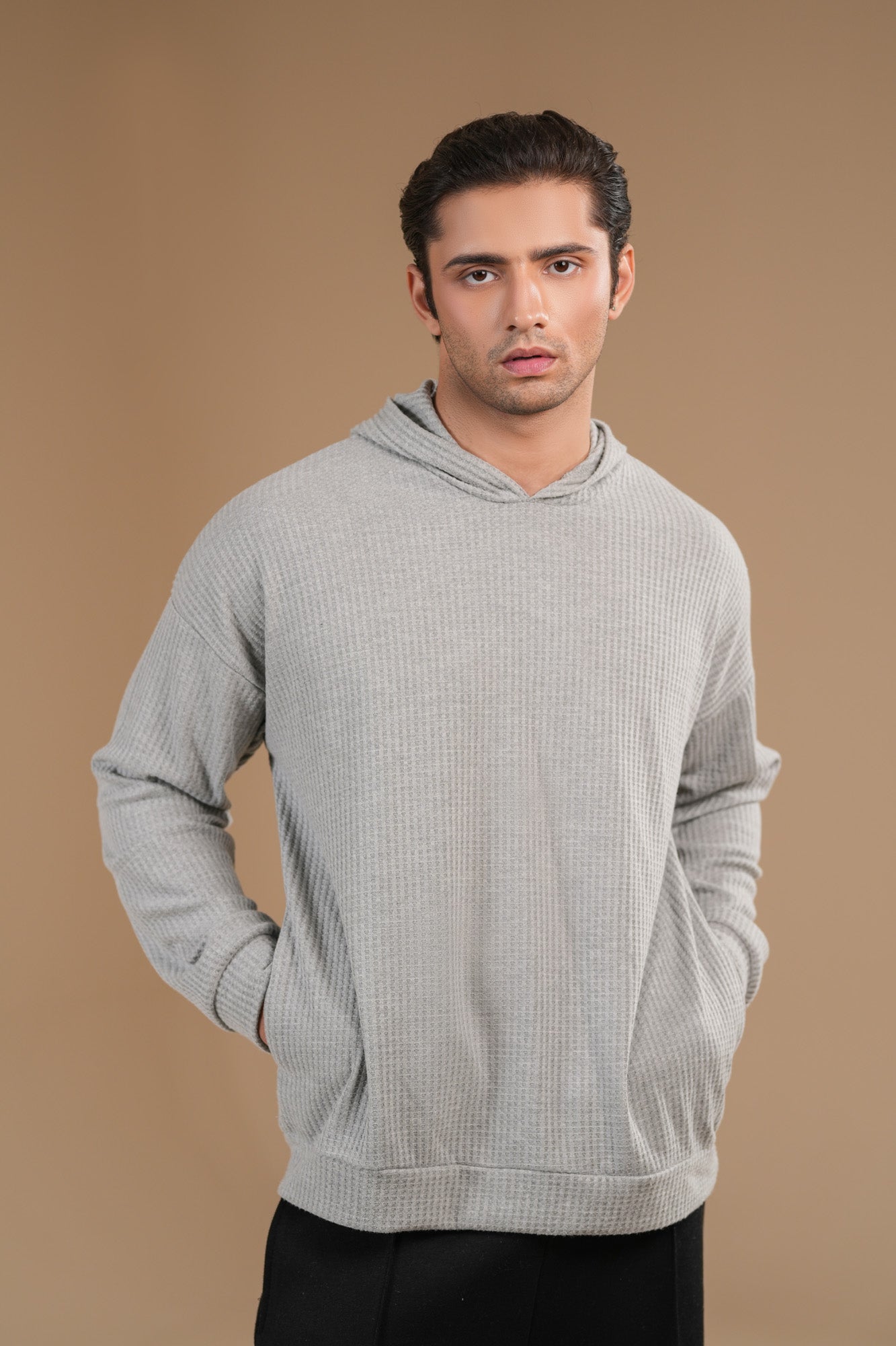 Grey Waffle Pullover Hoodie - Relaxed Fit - Men