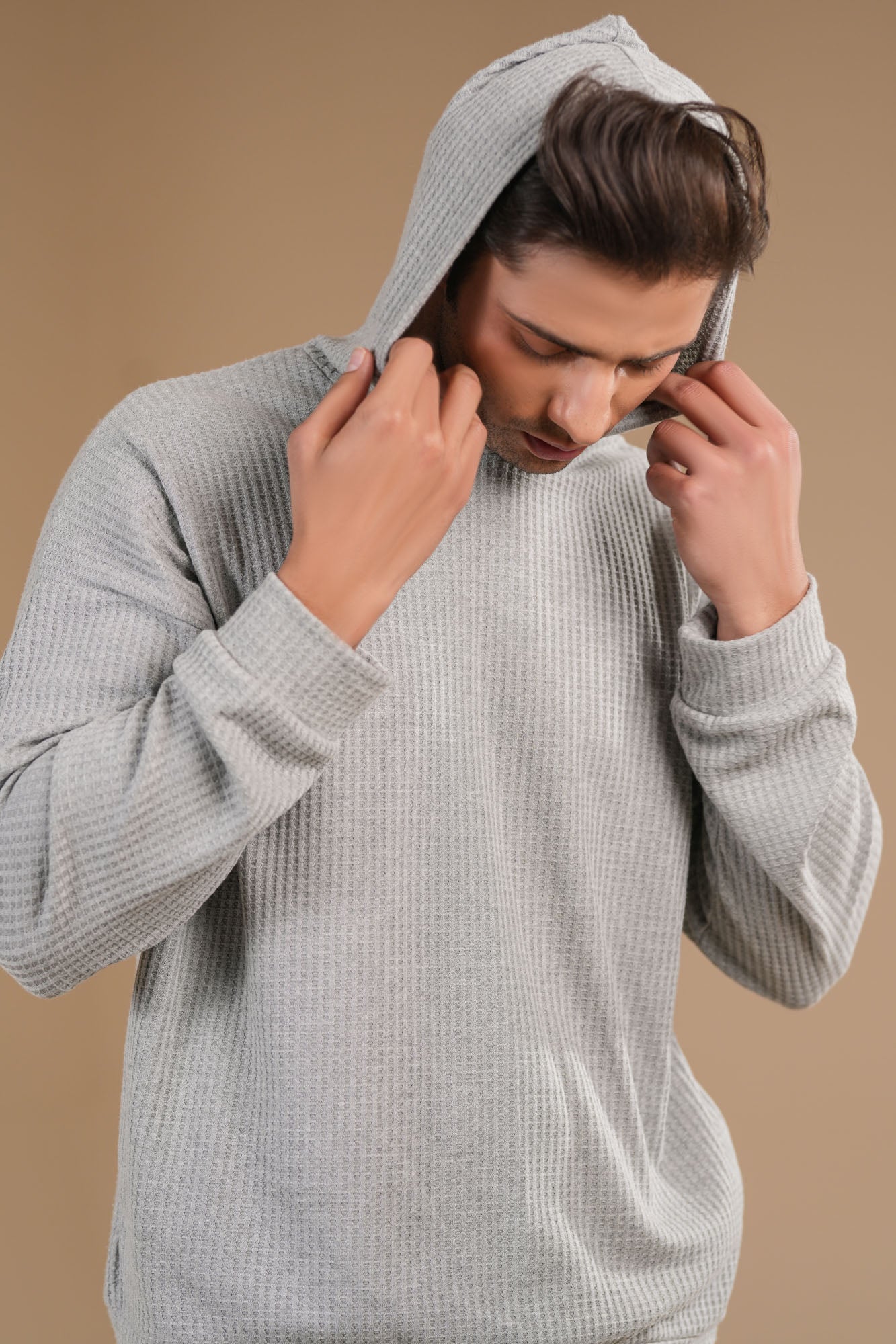 Grey Waffle Pullover Hoodie - Relaxed Fit - Men