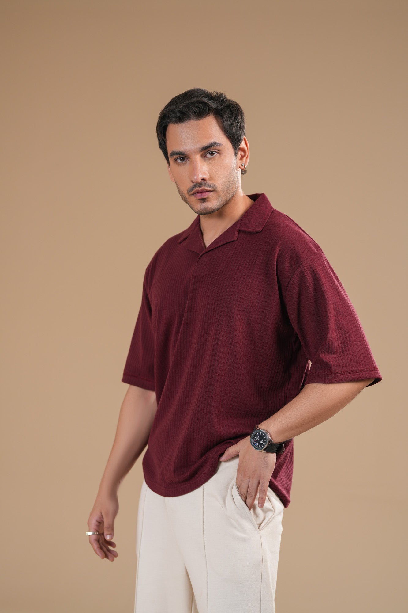 Maroon Ribbed Boxy Revere Polo - Men