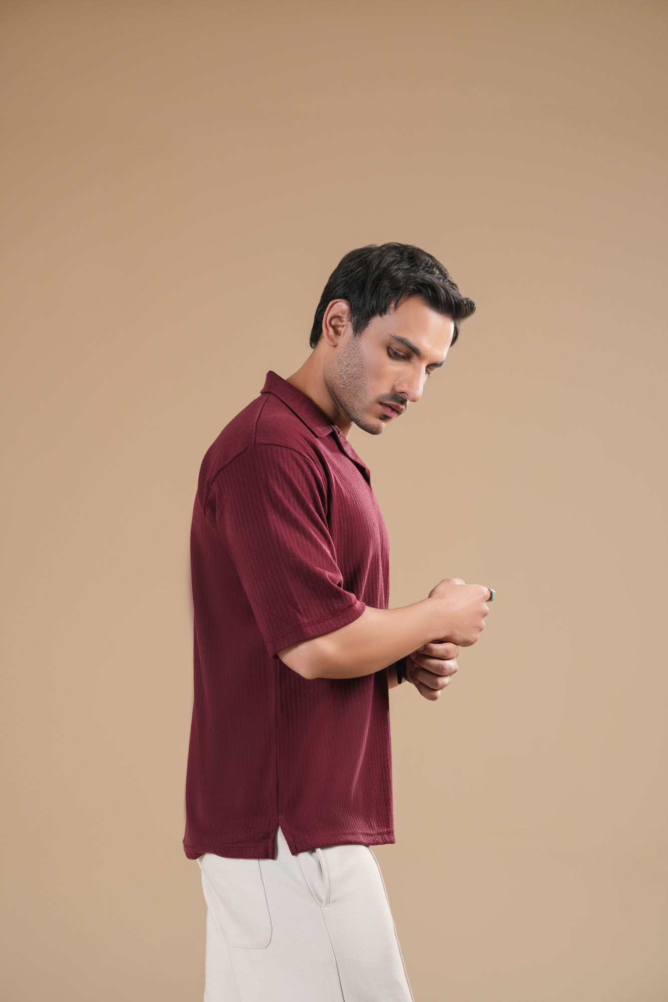 Maroon Ribbed Boxy Revere Polo - Men