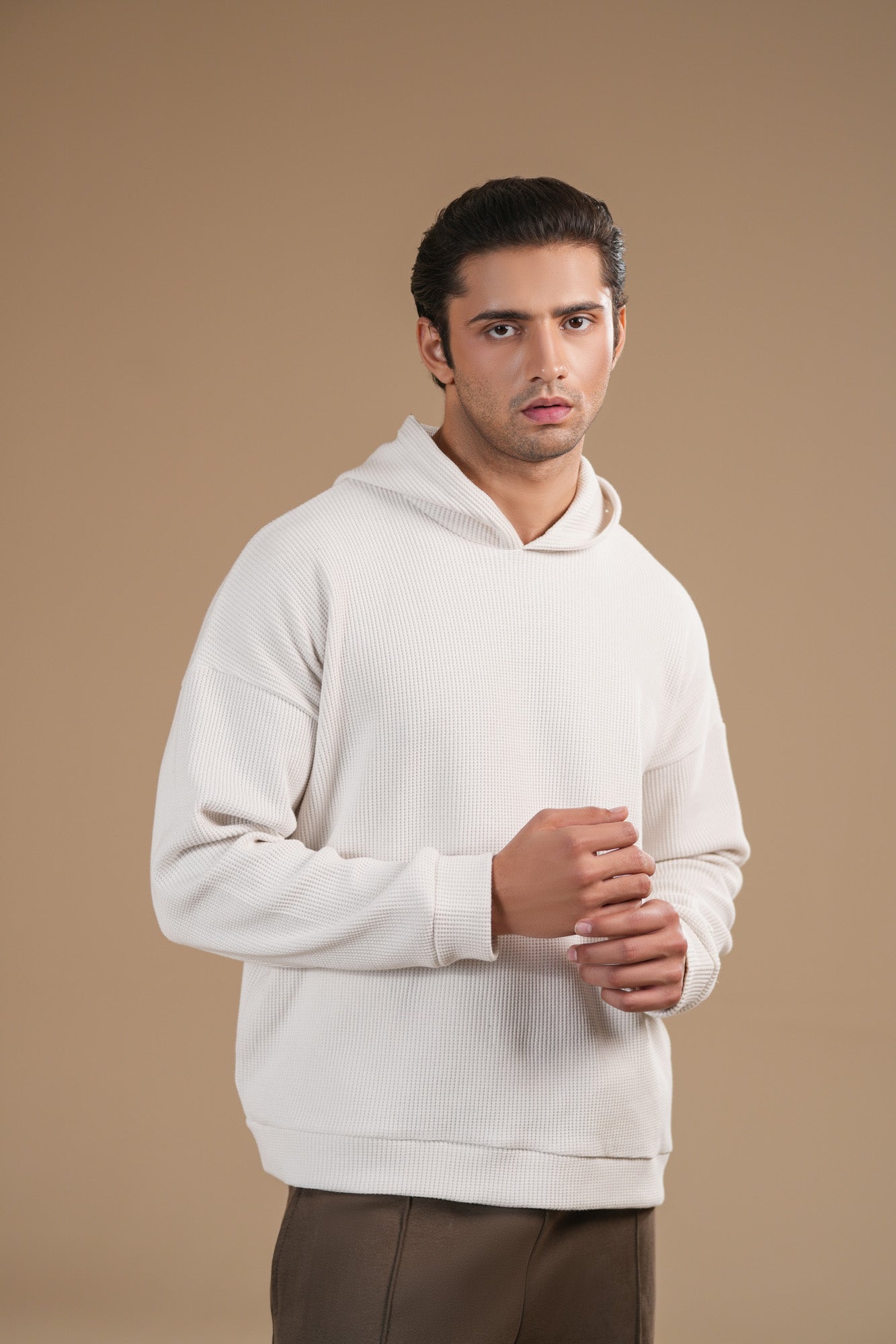 Off White Waffle Pullover Hoodie - Relaxed Fit - Men