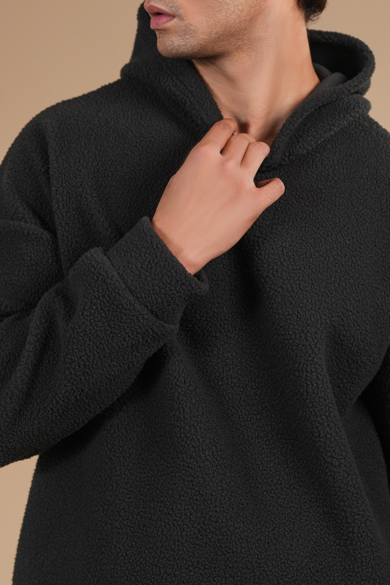 Black Sherpa Hoodie - Relaxed Fit - Men