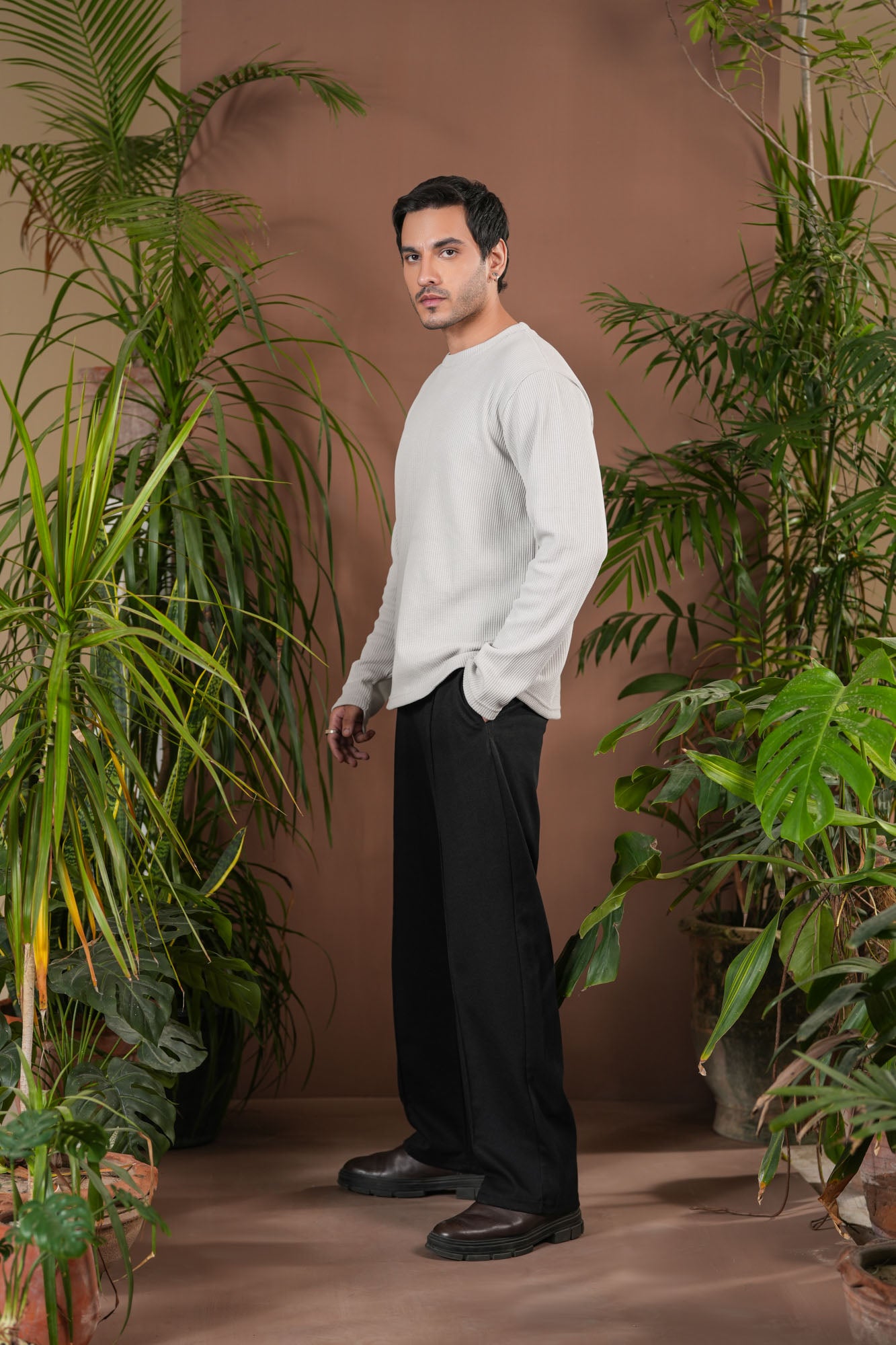 White Waffle Knit Sweat Shirt - Relaxed Fit - Men