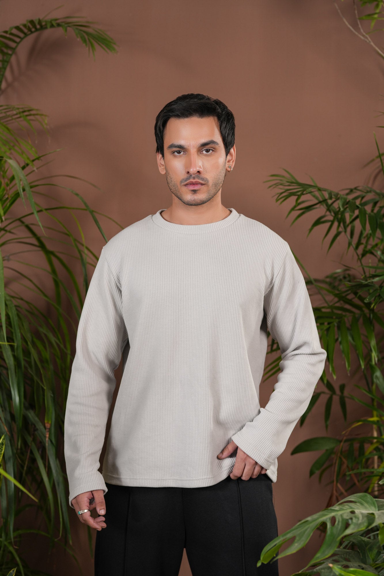 White Waffle Knit Sweat Shirt - Relaxed Fit - Men