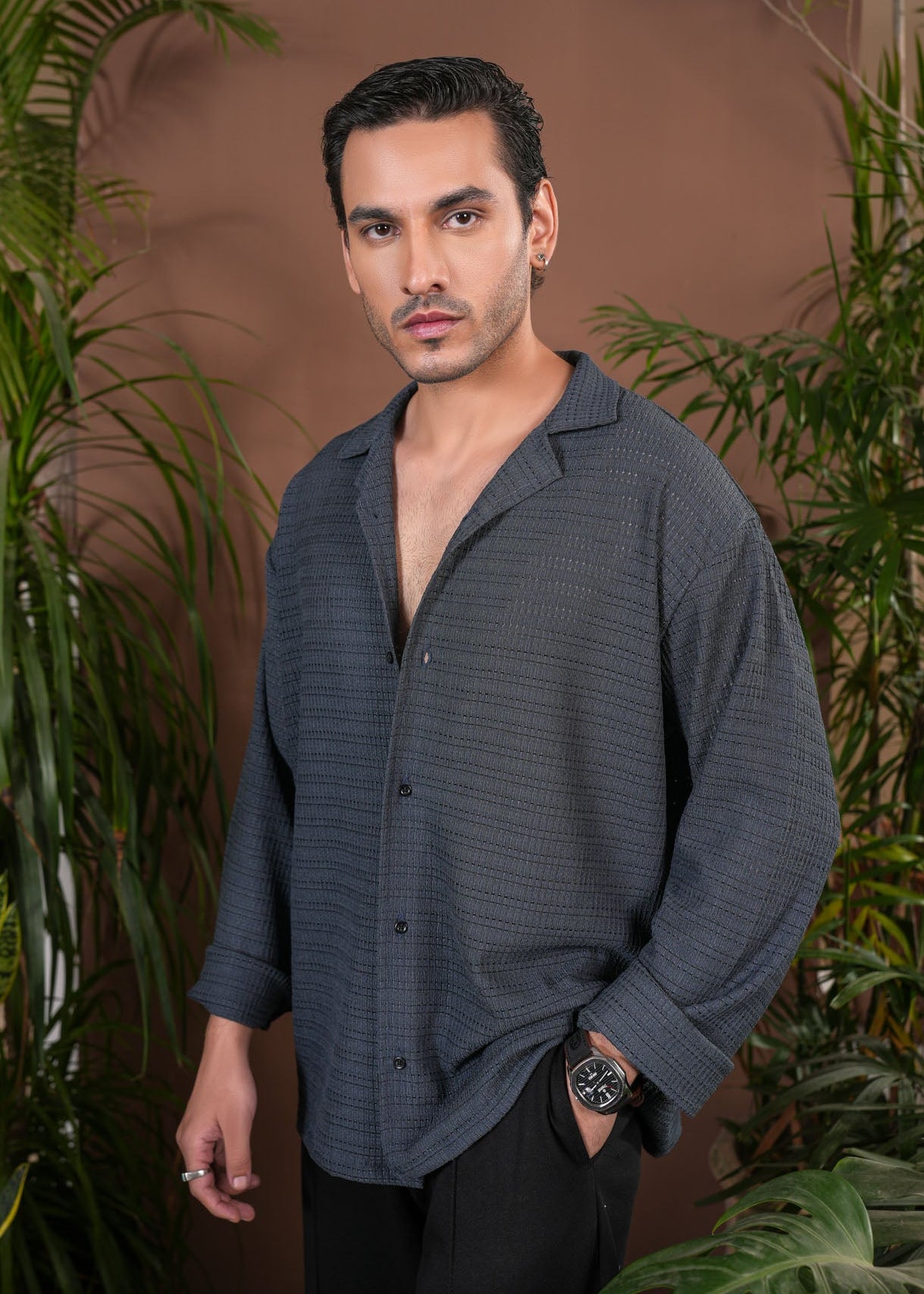 Bluish Grey Jacquard Knit Revere Button Shirt - Men