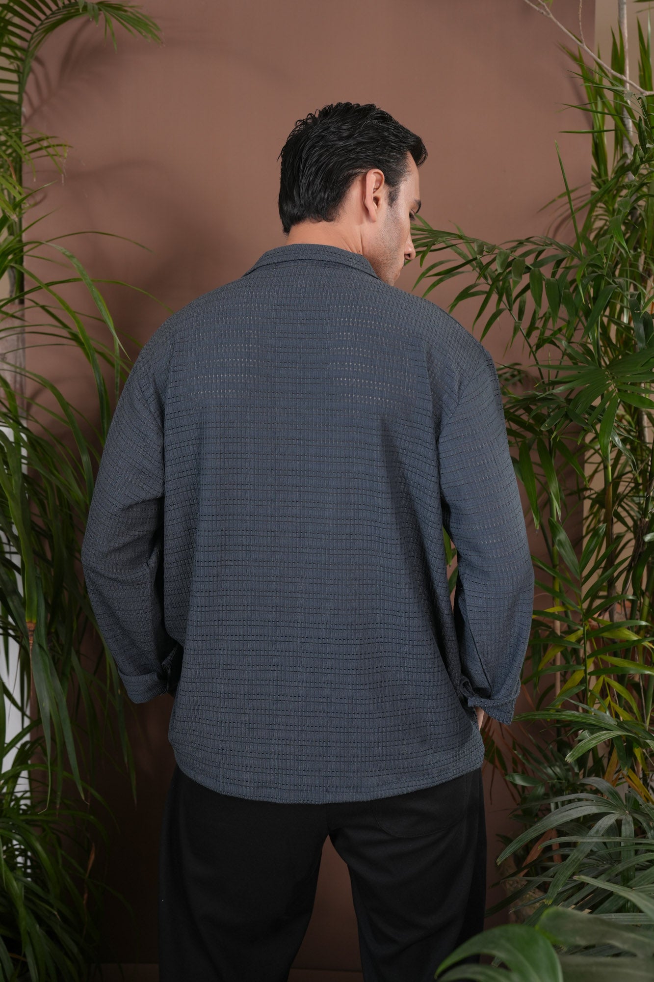 Bluish Grey Jacquard Knit Revere Button Shirt - Men