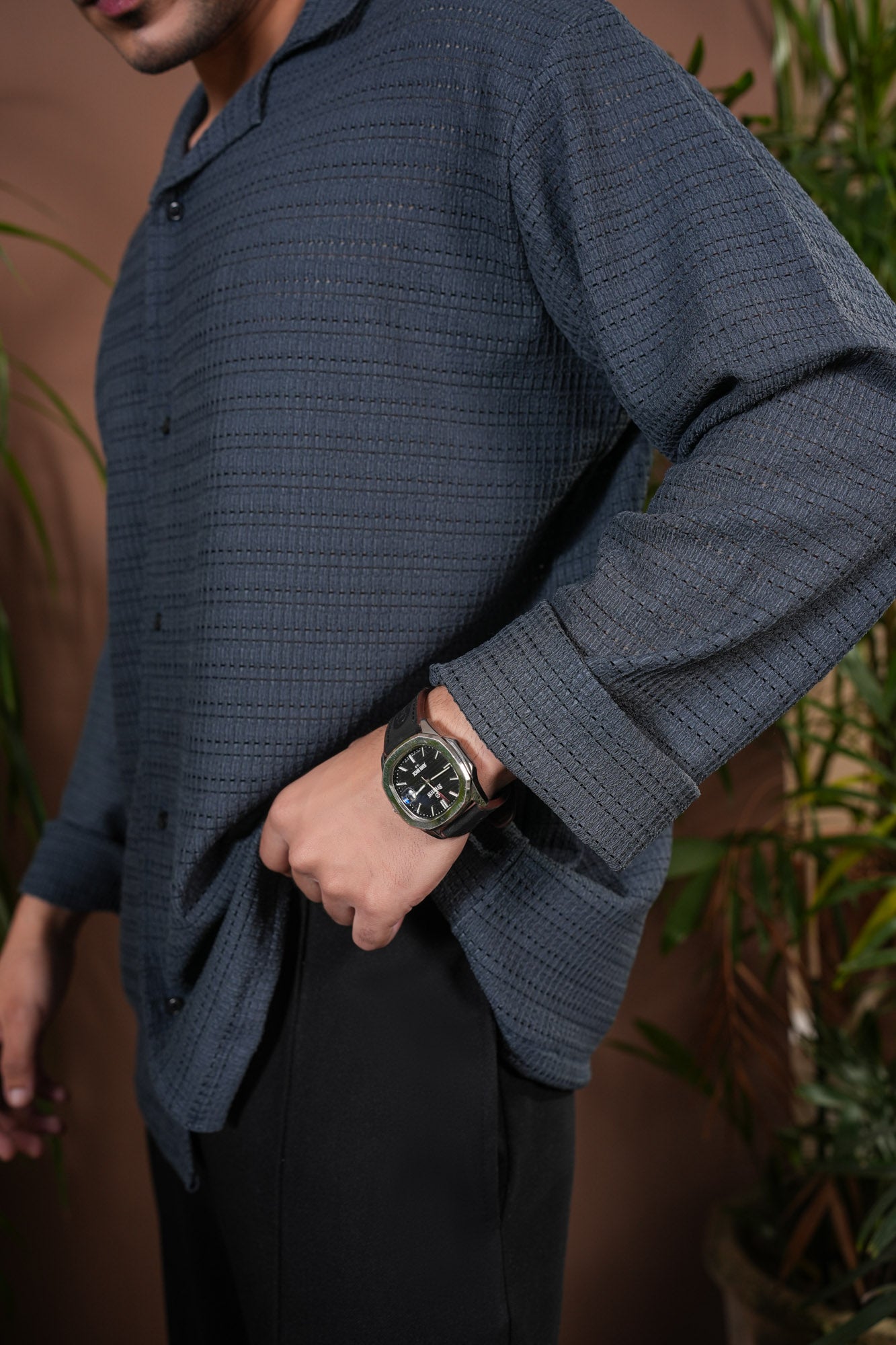 Bluish Grey Jacquard Knit Revere Button Shirt - Men