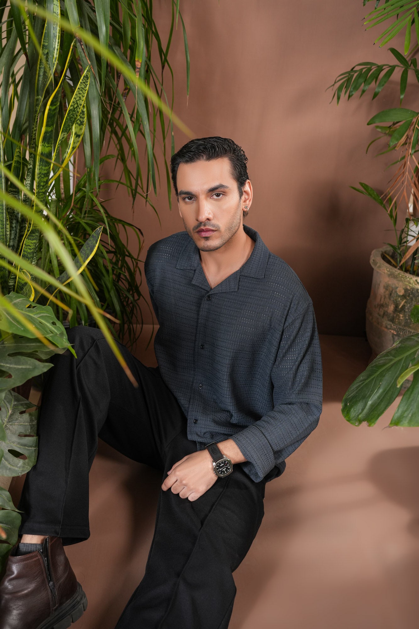 Bluish Grey Jacquard Knit Revere Button Shirt - Men