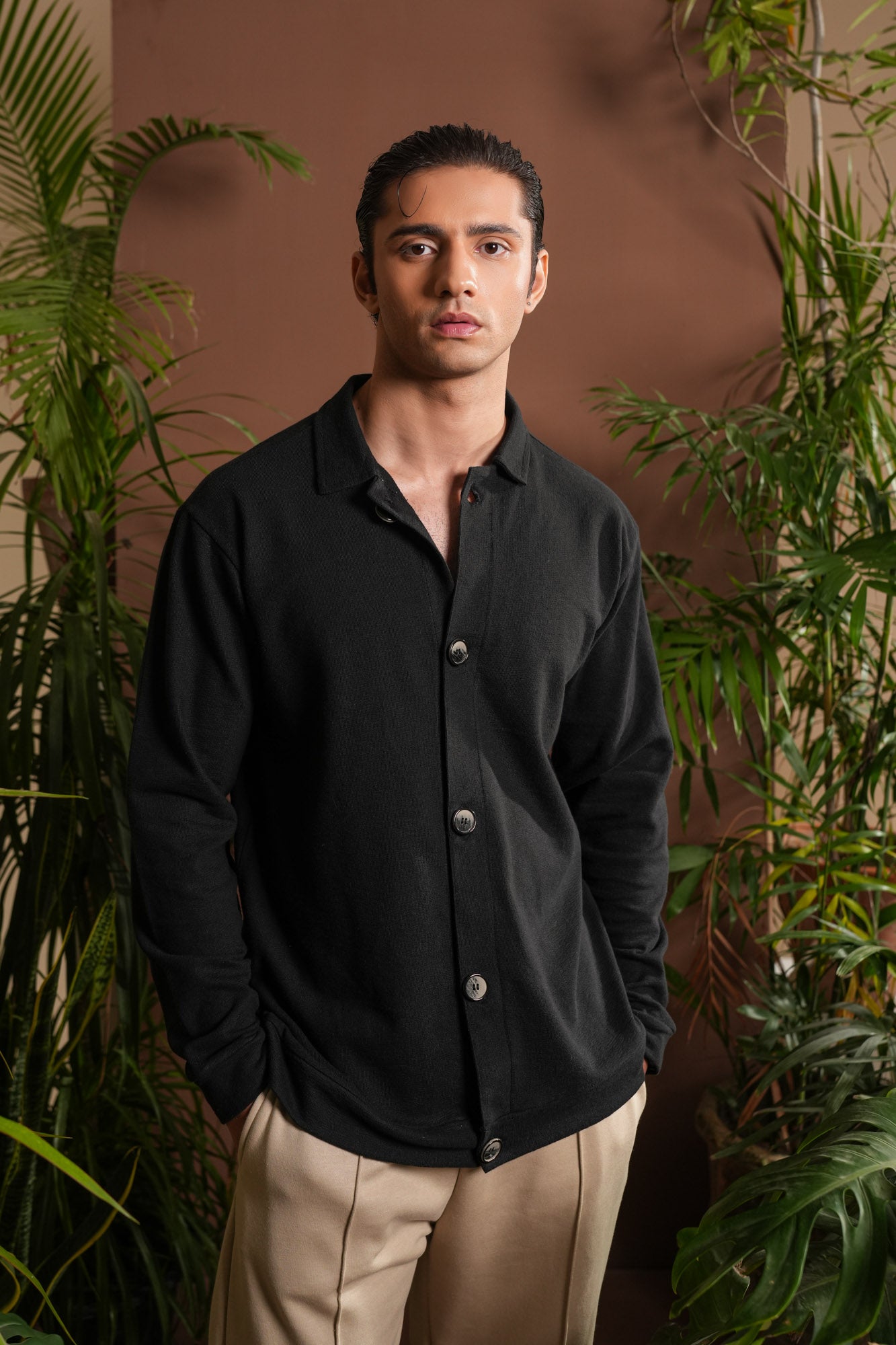 Black Polo Collar Cardigan - Men