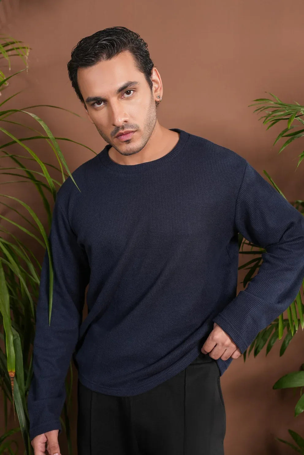 Navy Blue Waffle Knit Sweat Shirt - Relaxed Fit - Men - Muraqsh -- Men Western