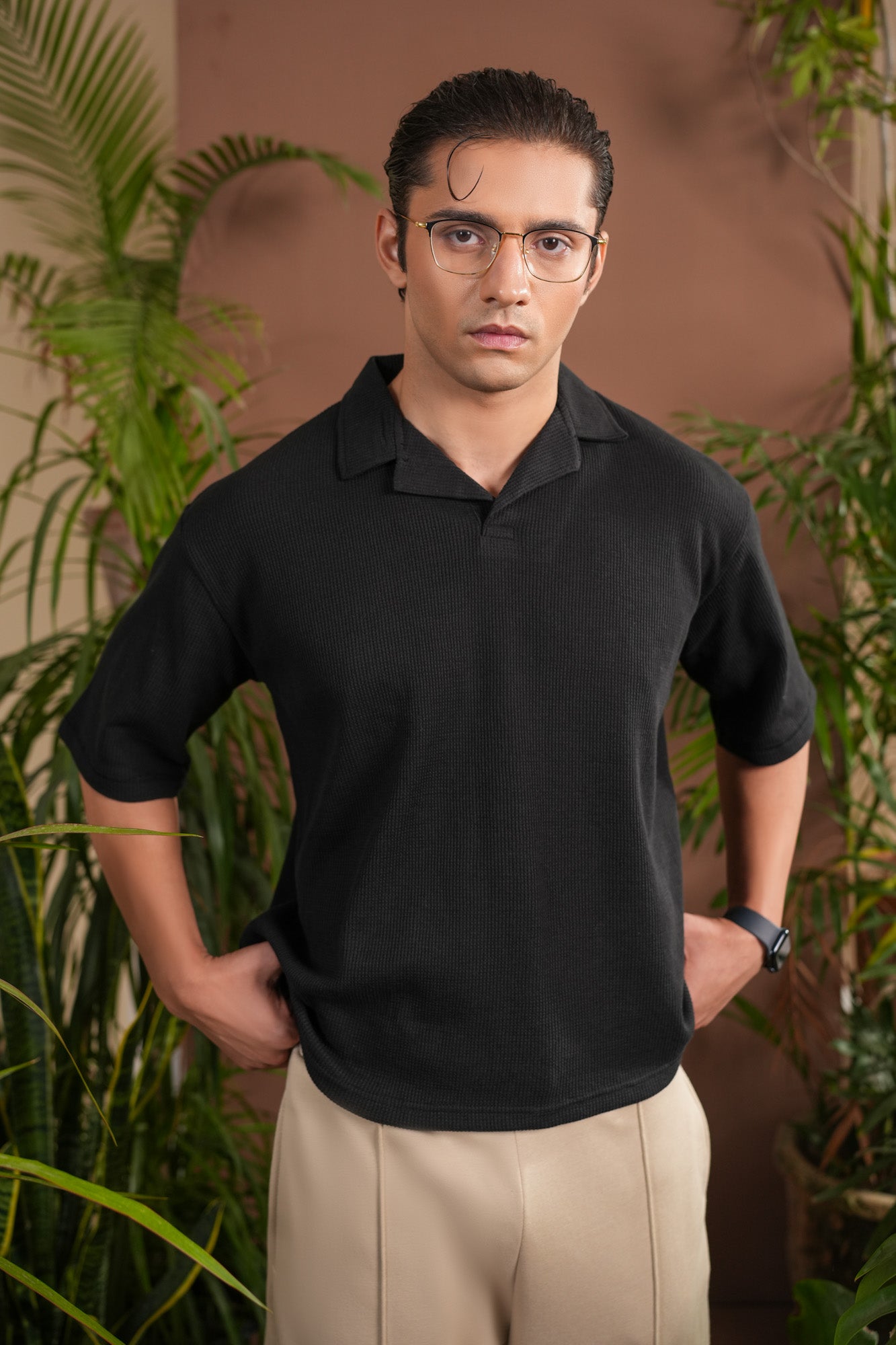 Black Boxy Waffle Revere Polo - Men