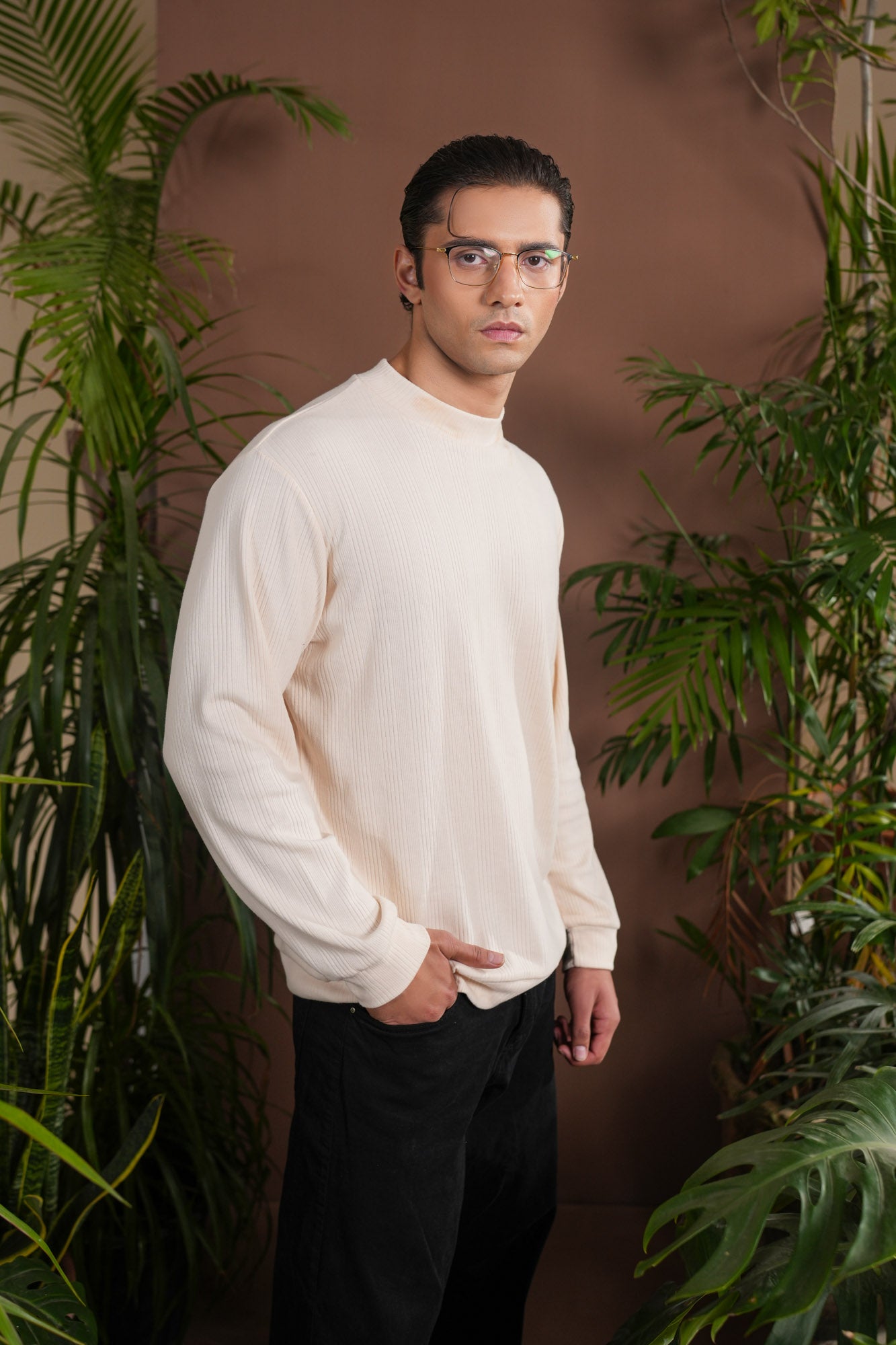 Ribbed White Mock Neck - Relaxed Fit - Men